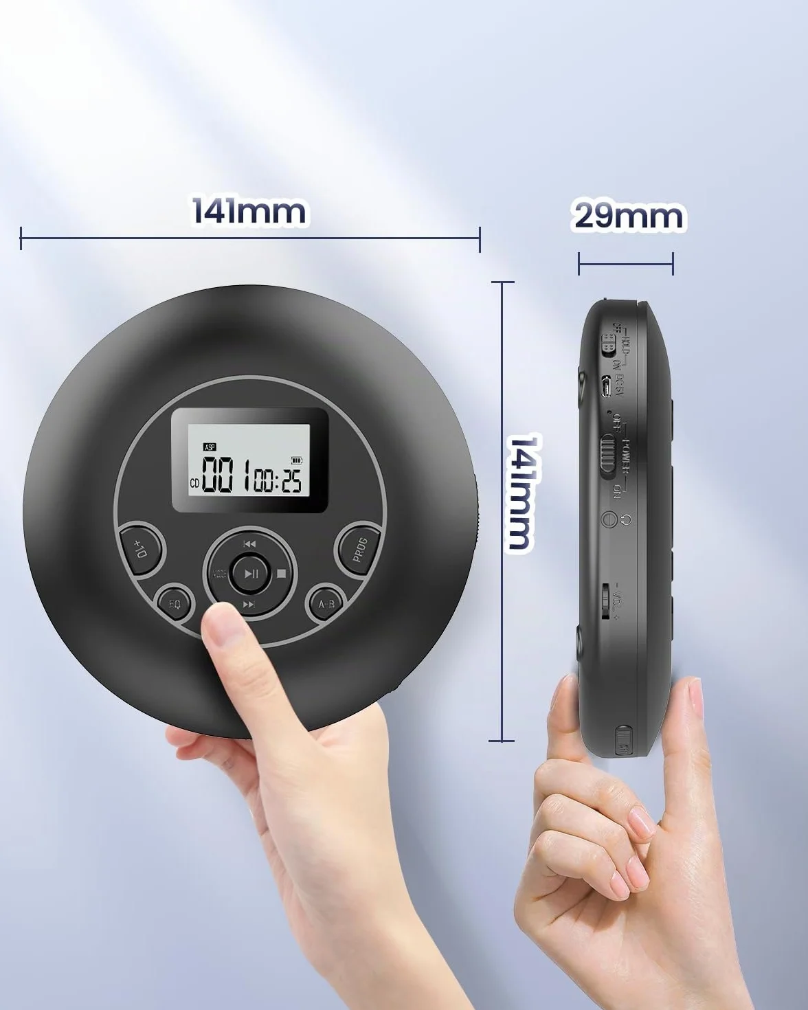 DESOBRY Lettore CD portatile, 7 ore di riproduzione della batteria, Discman con auricolare, Blocco di tenuta e funzione anti-salto, Lettore CD auto con AUX