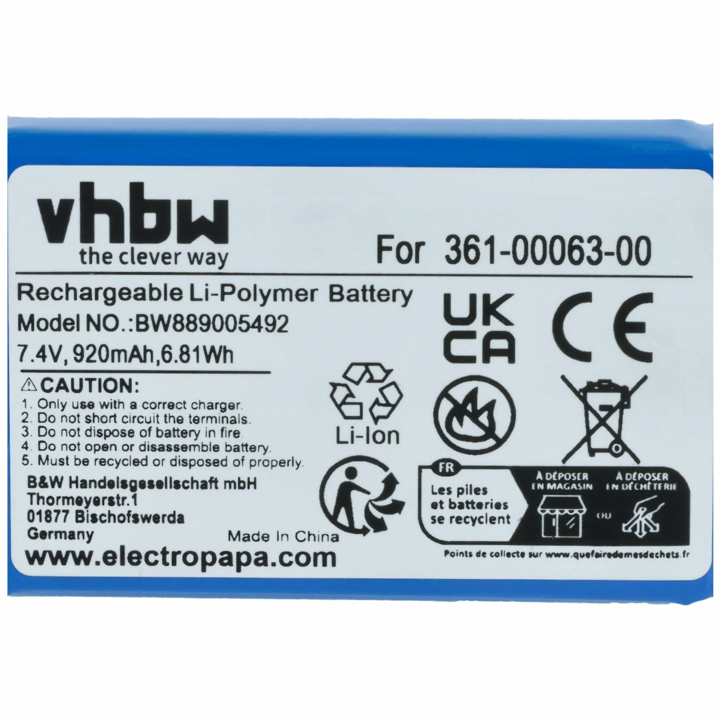 vhbw batteria sostituisce Garmin 361-00063-00 per navigatore GPS (920mAh, 7,4V, Li-Poly)