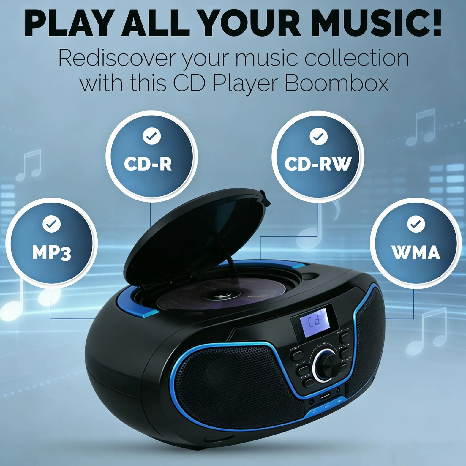 LONPOO Lettore CD Boombox Portatile - Stereo con Radio FM, Ingresso Bluetooth, USB, AUX, Uscita Auricolari, Audio Domestico Compatto, AC o Alimentato a Batteria (LP-D02)