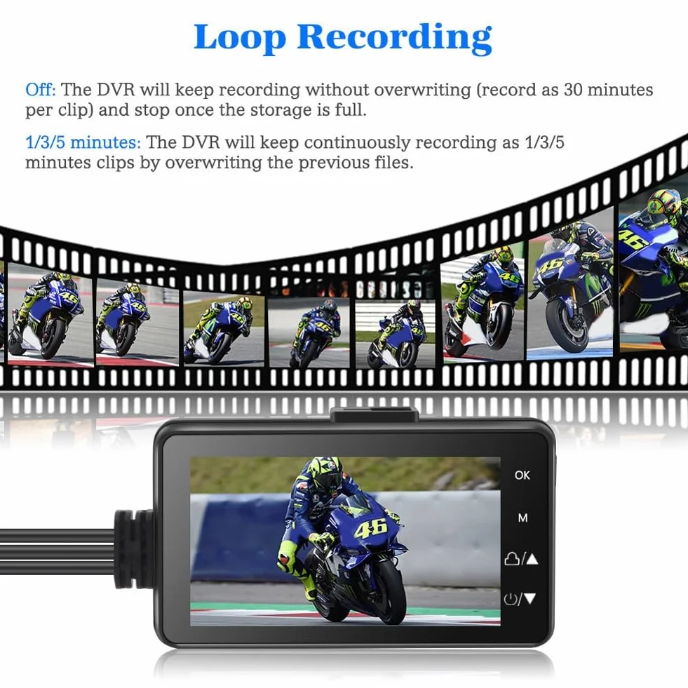 Telecamera DVR per moto con telecamera anteriore posteriore Dual Video Registrazione in loop impermeabile Registratore di guida per moto Sostituzione