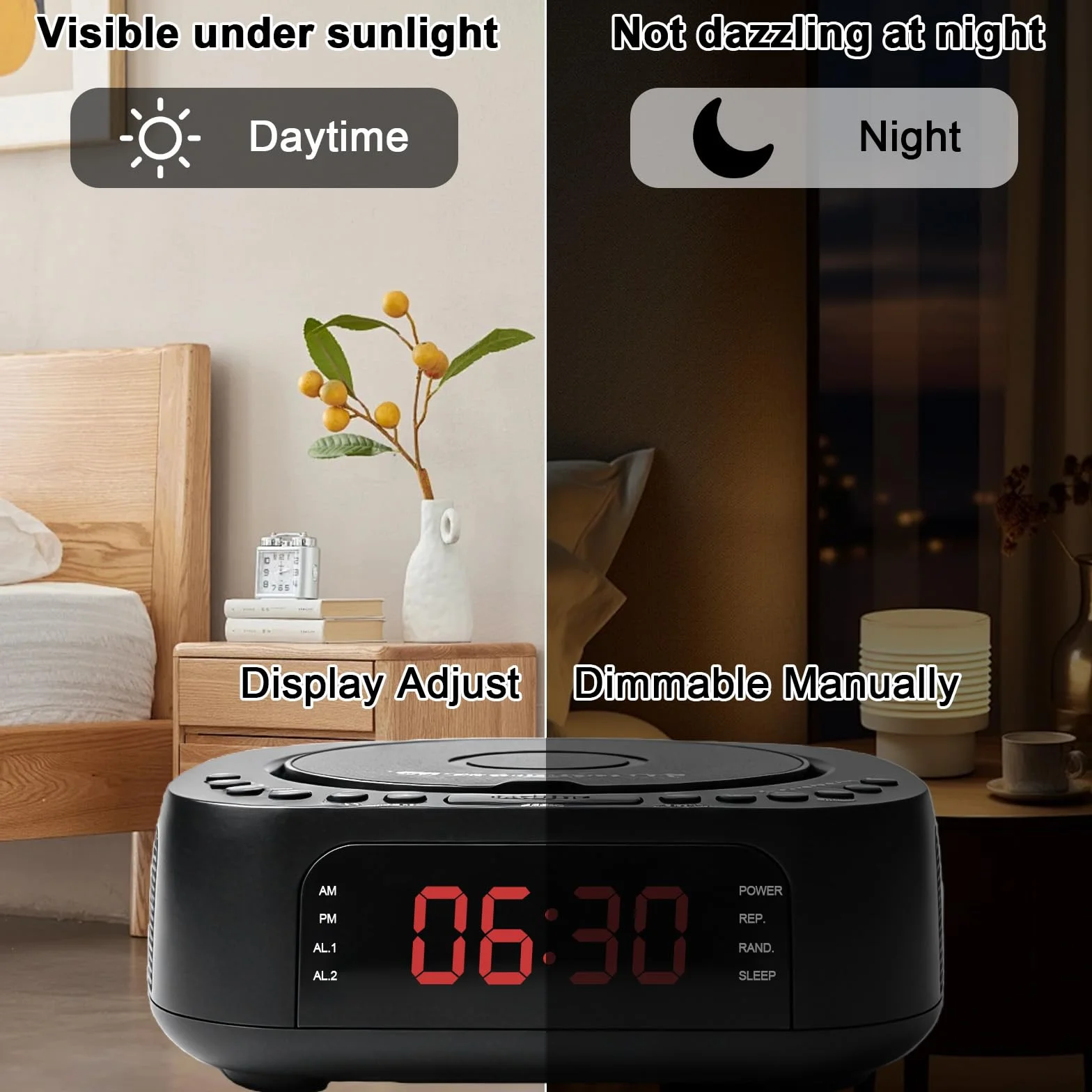 Lettore CD portatile con Bluetooth, radio FM, lettore CD MP3 con doppio altoparlante stereo, sveglia, SleepTimer, lettore CD ricaricabile, supporta USB/AUX, display grande, telecomando, nero
