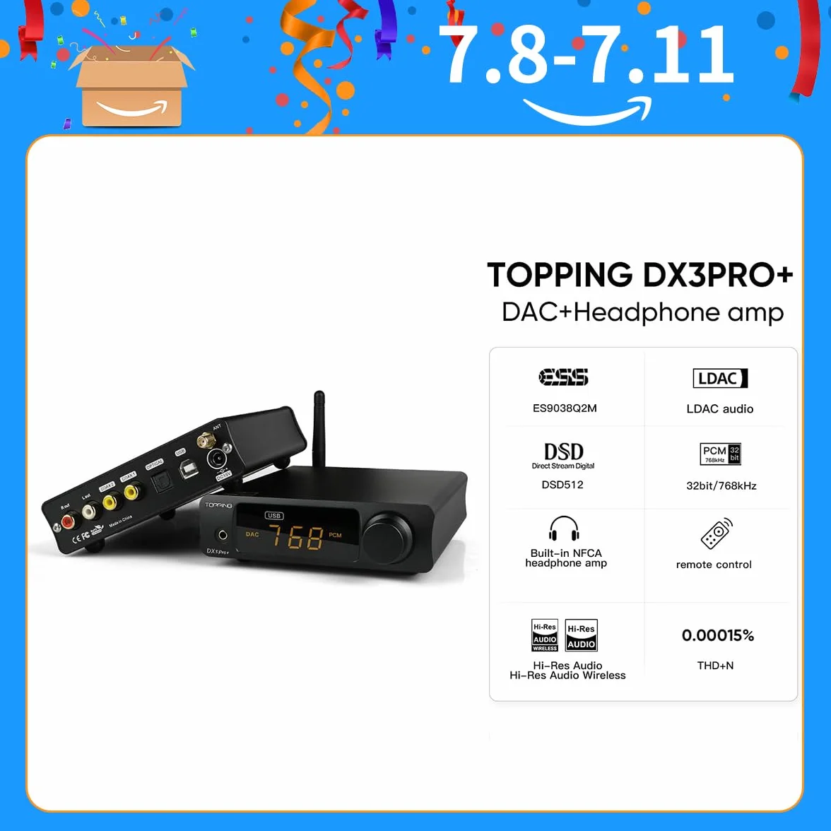 AOSHIDA Topping DX3 Pro+ Bluetooth USB DAC Amplificatore per Cuffie, ES9038Q2M XMOS XU208 DSD512 PCM768kHz D/A Convertitori, Bluetooth LDAC 3.5mm auricolare DAC 1800mW×2 Amplificators per cuffie,Nero