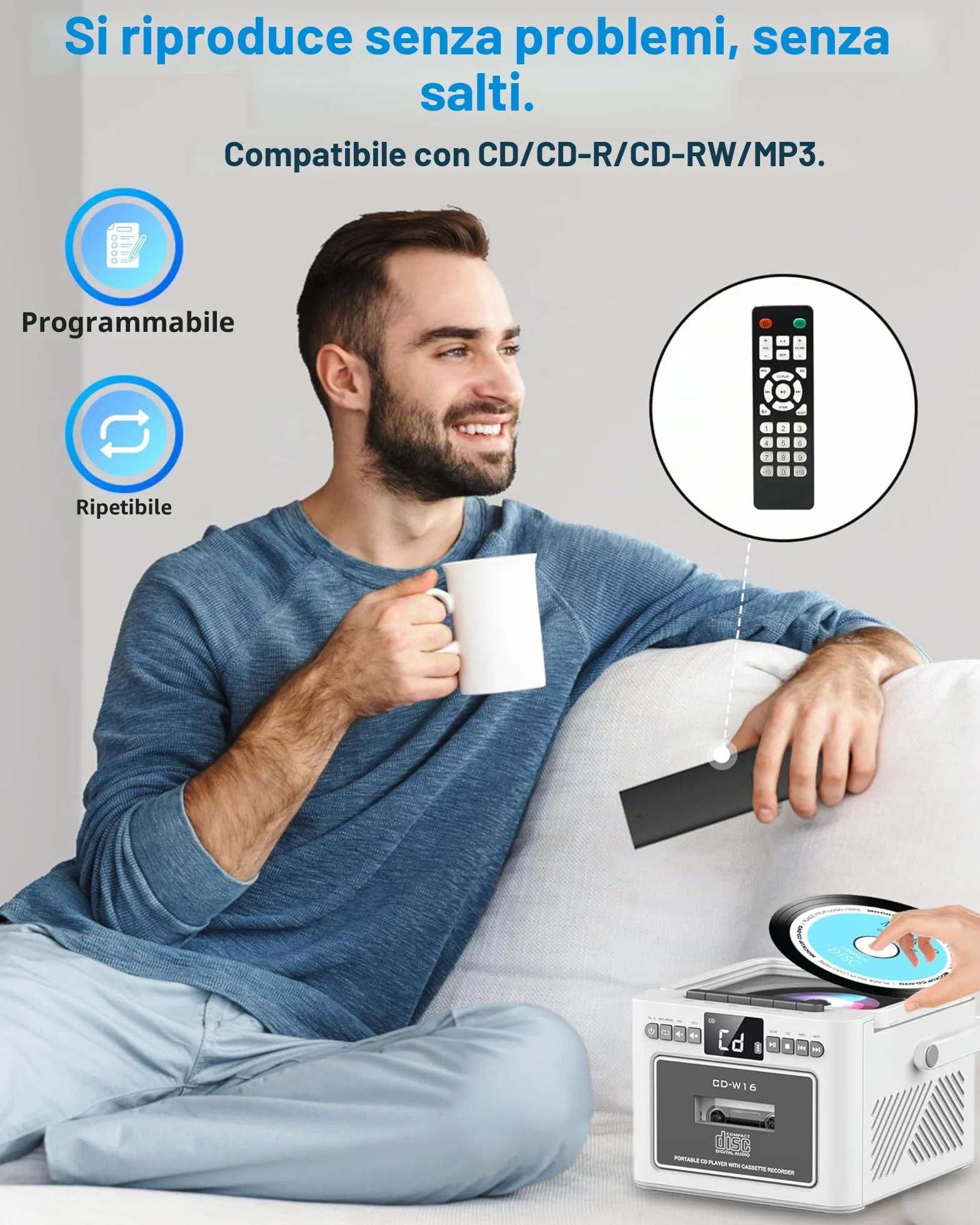 Greadio Lettore CD Portatile, Boombox con Lettore di Cassette e Radio FM, Bluetooth 5.1, Batteria Ricaricabile da 5000mAh, Telecomando, Ingresso AUX/USB/Scheda SD, Altoparlante da 5W, Schermo LED