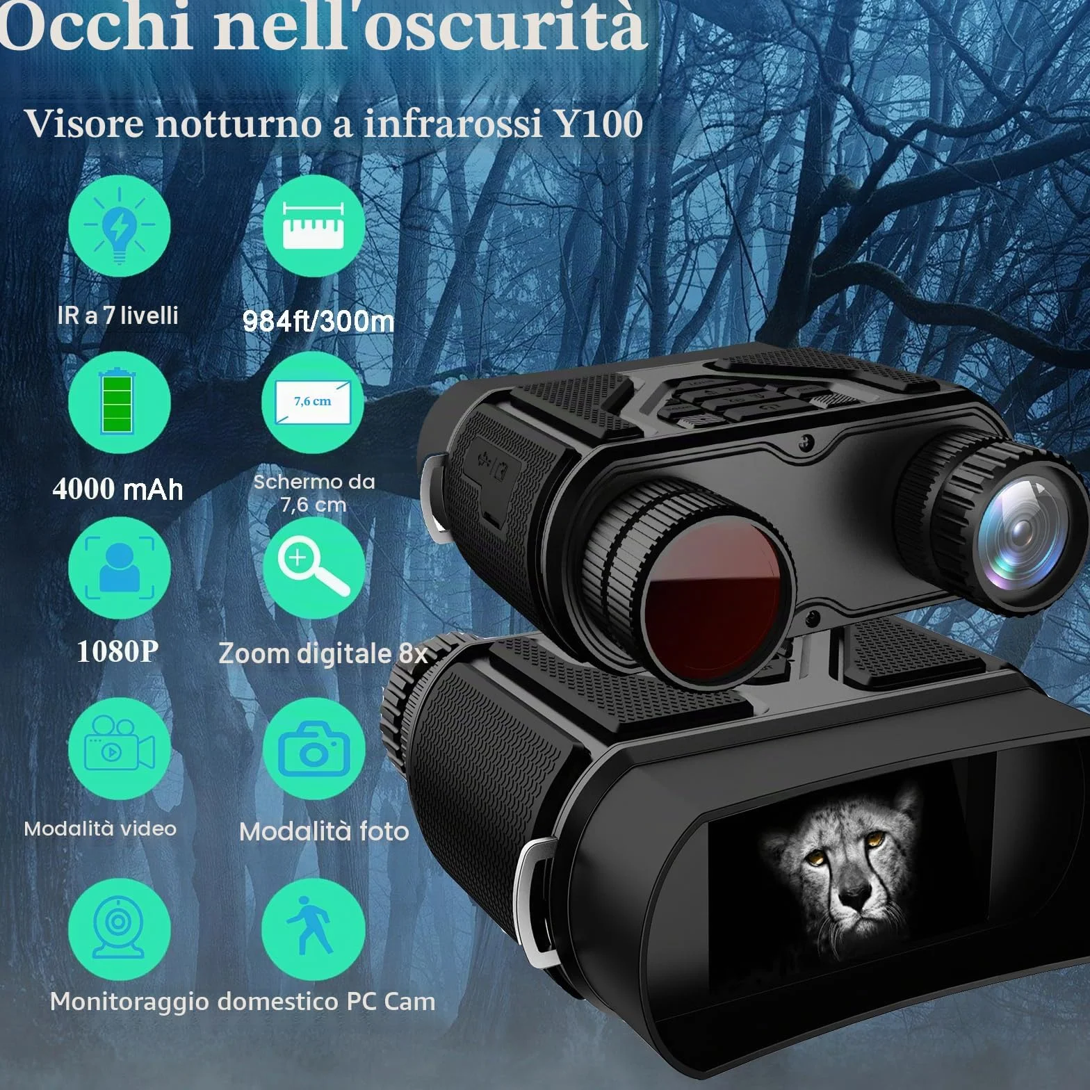 Binocolo Visione Notturna, 32 GB Scheda di Memoria Visore Notturno 3" TFT 8X Digitale Zoom 7-LIVELLI Infrarossi Vista 300M al 100% Buio per la Caccia Osservazione Uccelli e Campeggio