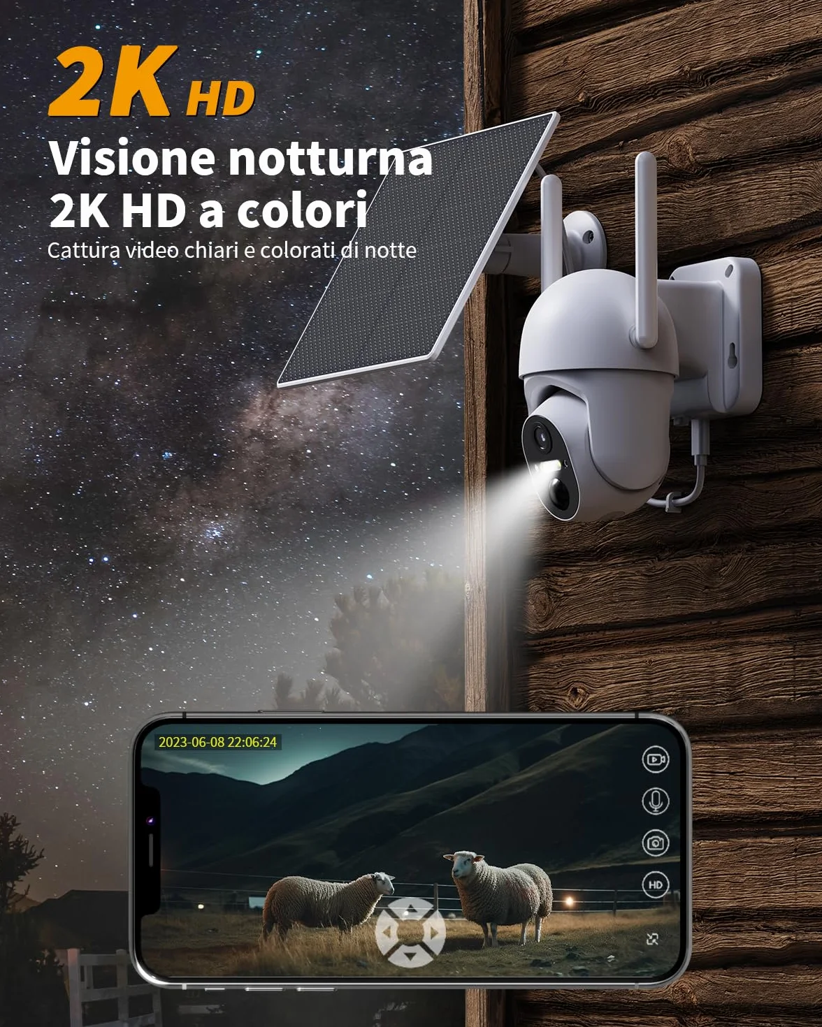 4G LTE Telecamera con SIM Scheda, 2K 360° PTZ Telecamera Senza Fili Esterno con Pannello Solare, Visione Notturna a Colori, Audio Bidirezionale, PIR Rilevamento Videocamera, IP66 (Senza WiFi)