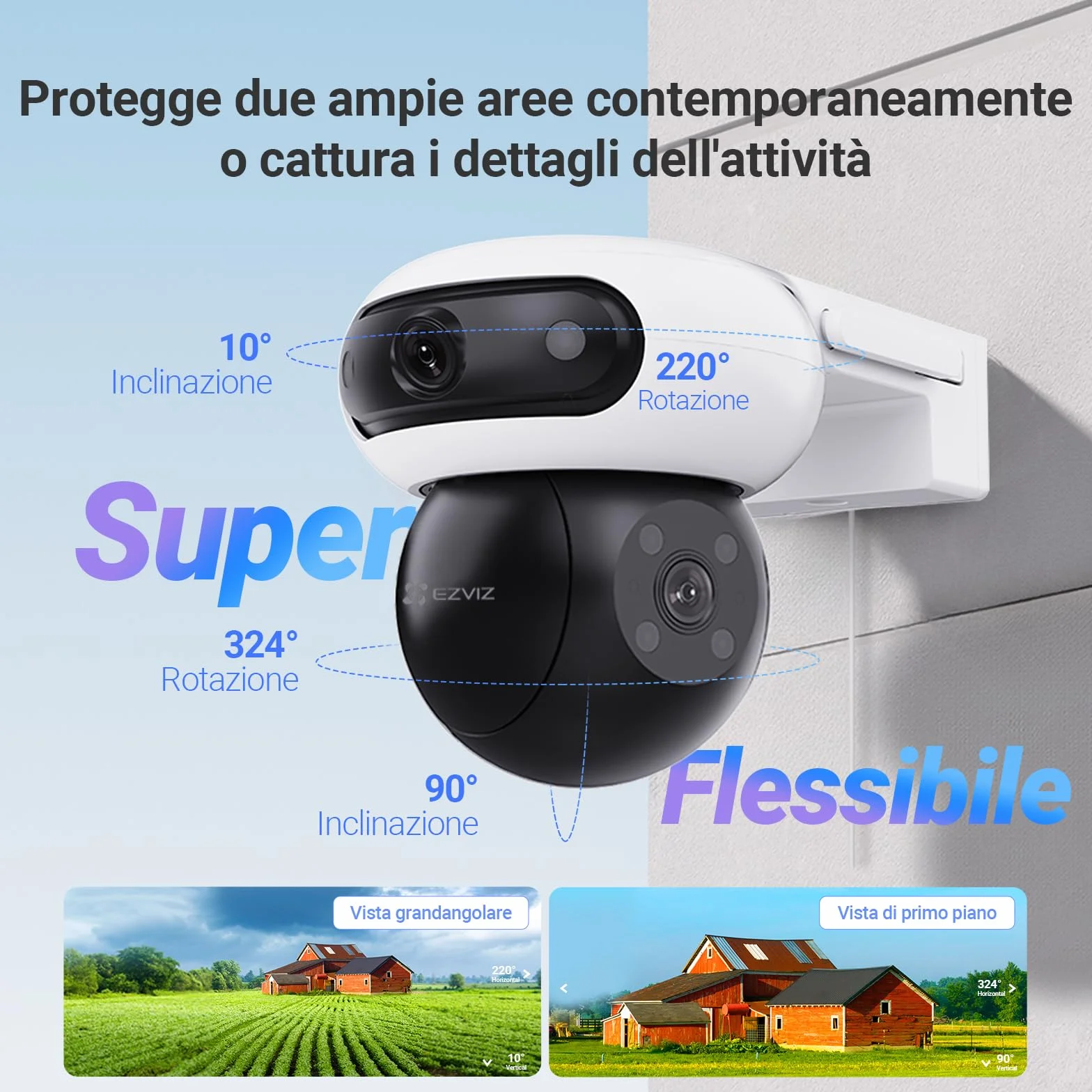 EZVIZ 8MP (4MP+4MP) Telecamera WiFi Esterno con Doppia Lente, Telecamera per Esterni a 360°, Visione Notturna a Colori, Rilevamento Persone/Veicoli, Audio Bidirezionale, Impermeabile, C90 Dual
