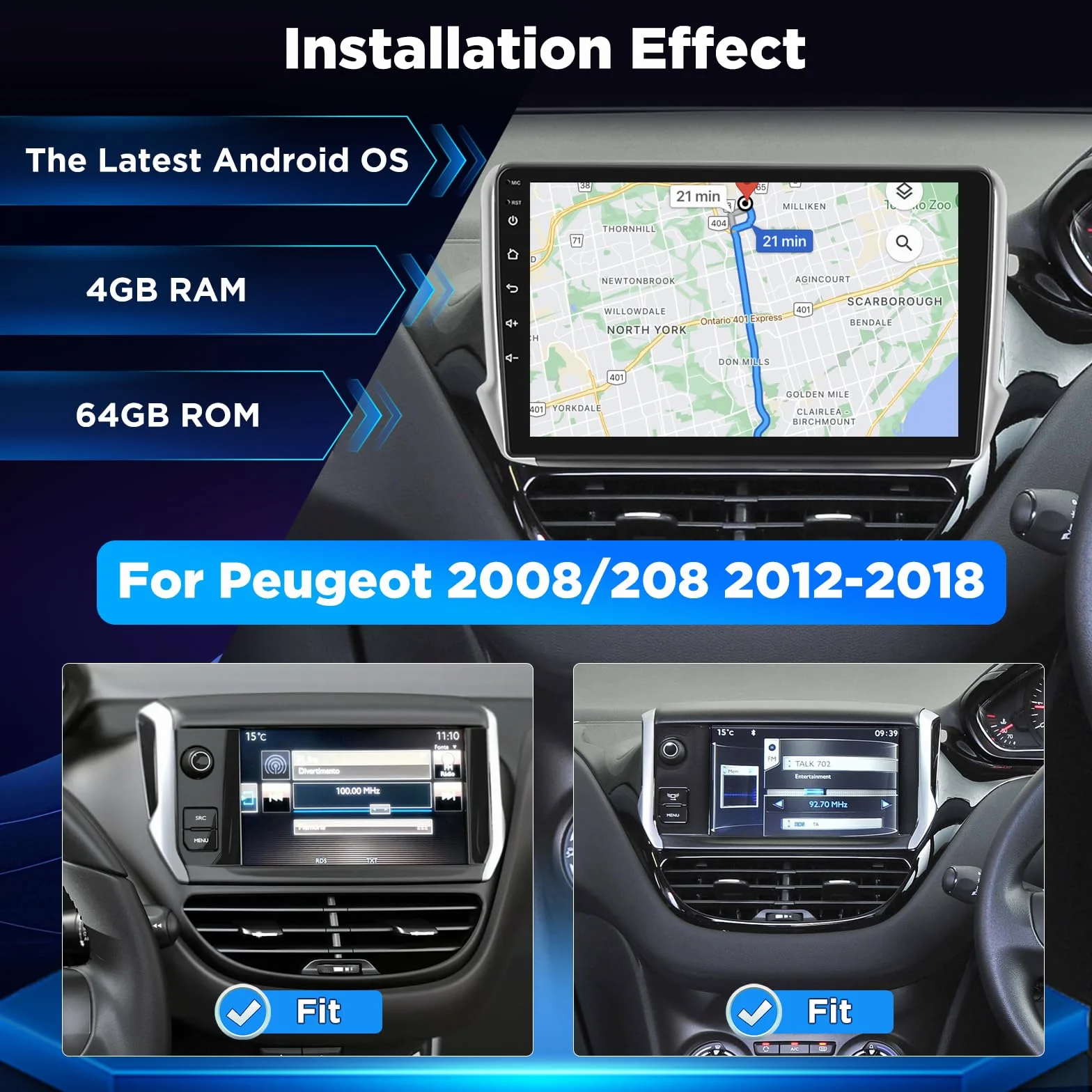 4+64G Autoradio Android per Peugeot 208/2008 2012-2018, Stereo con Schermo 10 pollici, Wireless Carplay e Android Auto, Audio DSP 32EQ + Telecamera posteriore AHD, Supporto OEM