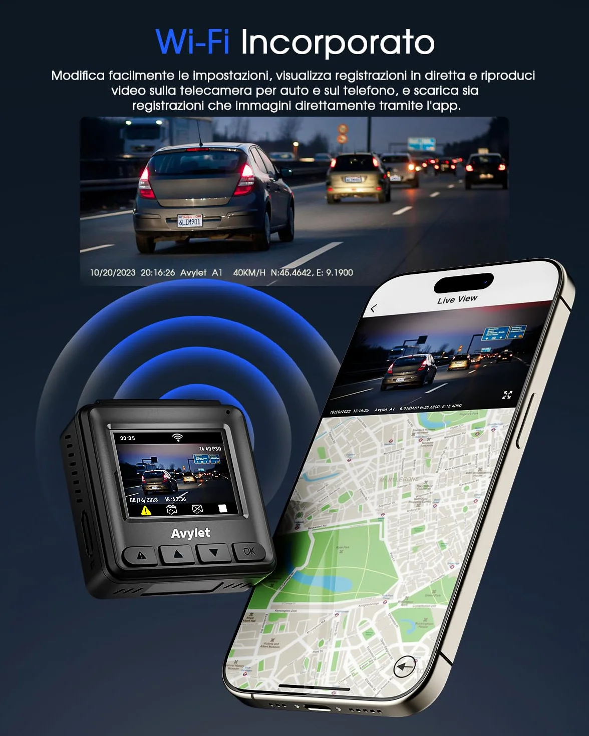 Avylet 2K Dash Cam Auto Wi-Fi, 1440P Mini Dashcam IPS 1.5'', Telecamera per Auto con APP, GPS Esterno, WDR Visione Notturna,Grandangolo 170°, 24H Monitor di Parcheggio, G-Sensor, Registrazione in Loop