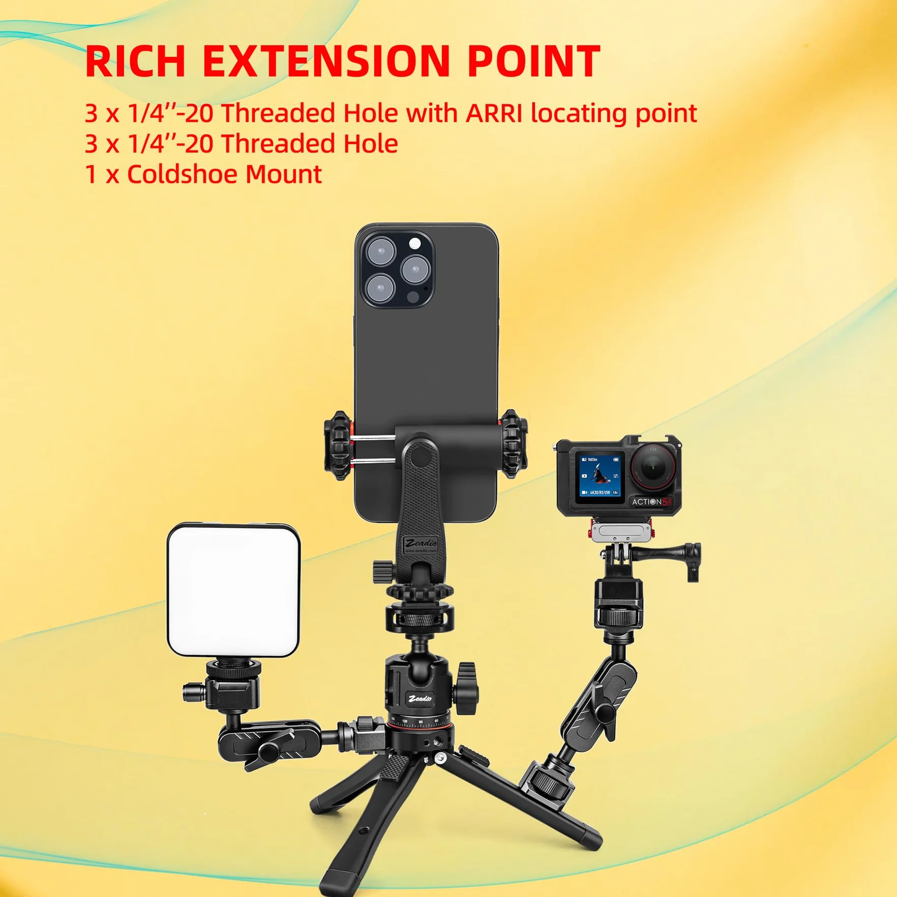 Zeadio Kit Treppiedi in Metallo Heavy Duty con Adattatore 1/4", Supporto per Telefono e Adattatore per Action Cam, Compatibile con iPhone/Android Fotocamera Gimbal Action Cam e altro