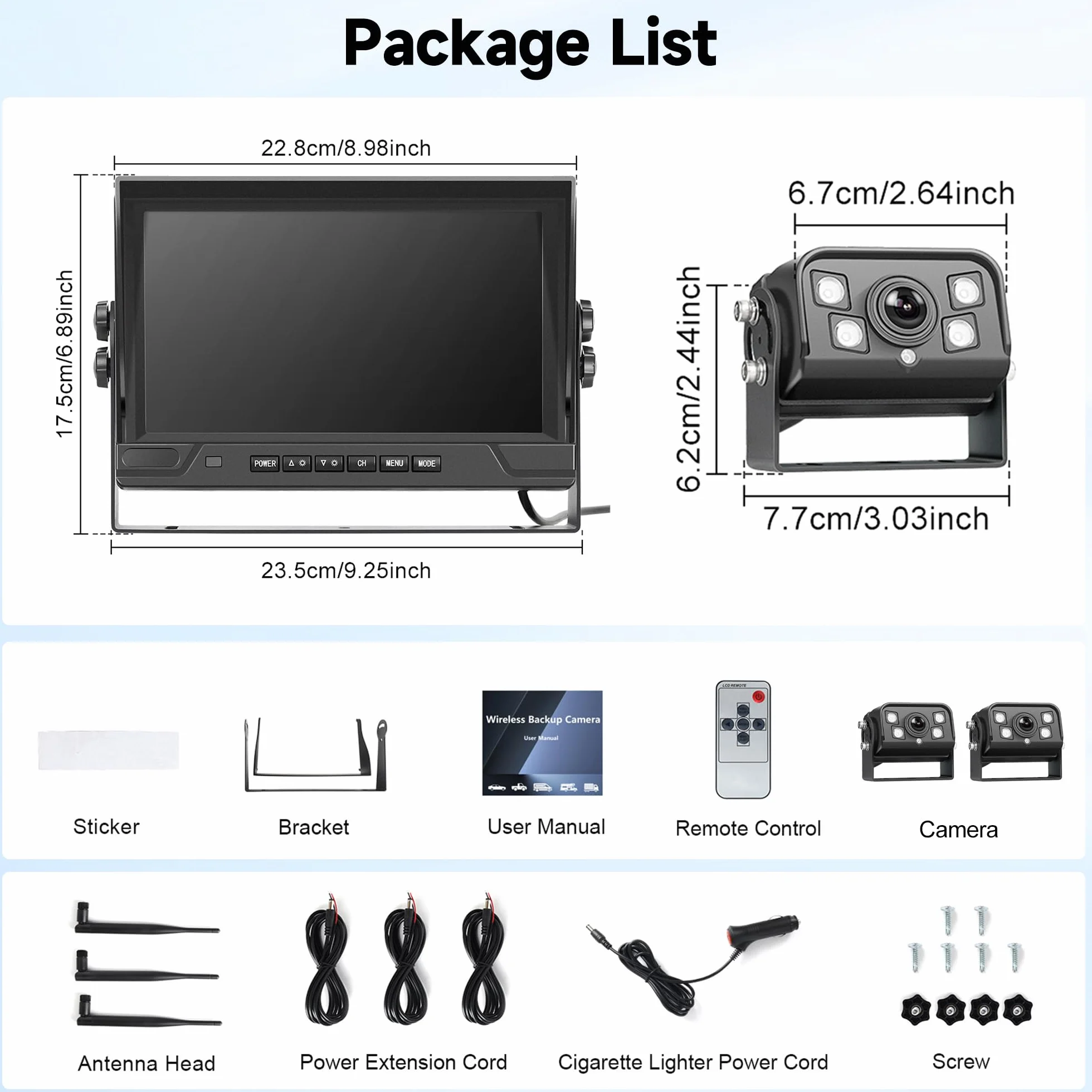 Wireless Digitale Telecamera Posteriore 2 Camera Kit con 9 Pollici IPS Monitor, Telecamera Posteriore IP68 Impermeabile, Visione Notturna, Image Flip, BSD, Loop Video, per Camion/Rimorchi/Camper/Bus