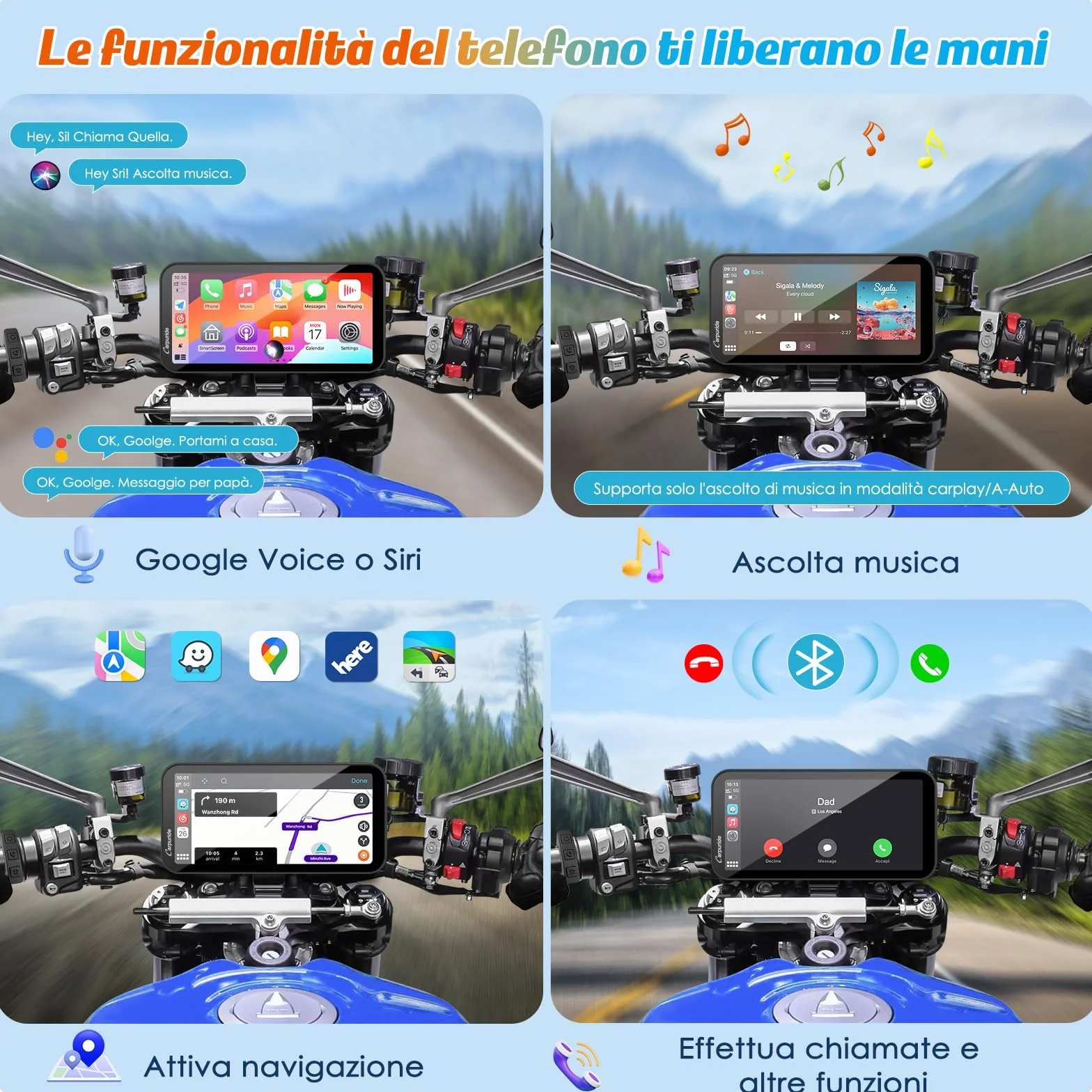 Carpuride W603 Schermo Carplay per Moto, CarPlay Wireless e Android Auto per Moto, Telecomando, Touchscreen Impermeabile da 6,3", Audio BT, Navigazione GPS, Siri, Assistente G00gle
