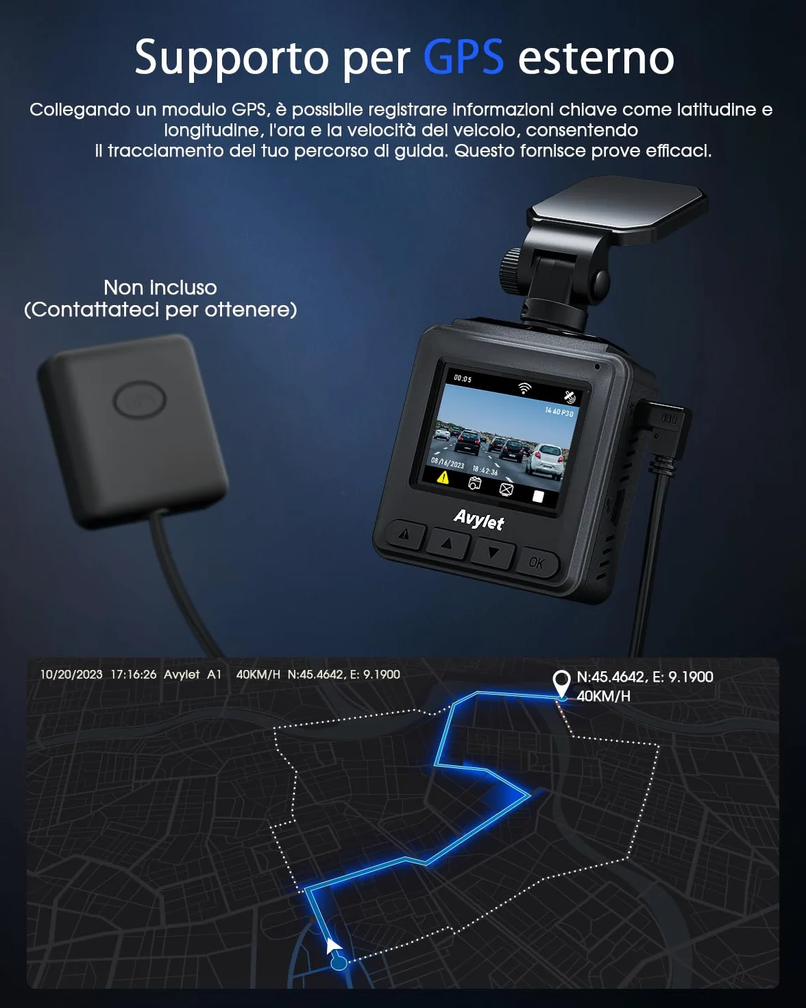 Avylet 2K Dash Cam Auto Wi-Fi, 1440P Mini Dashcam IPS 1.5'', Telecamera per Auto con APP, GPS Esterno, WDR Visione Notturna,Grandangolo 170°, 24H Monitor di Parcheggio, G-Sensor, Registrazione in Loop