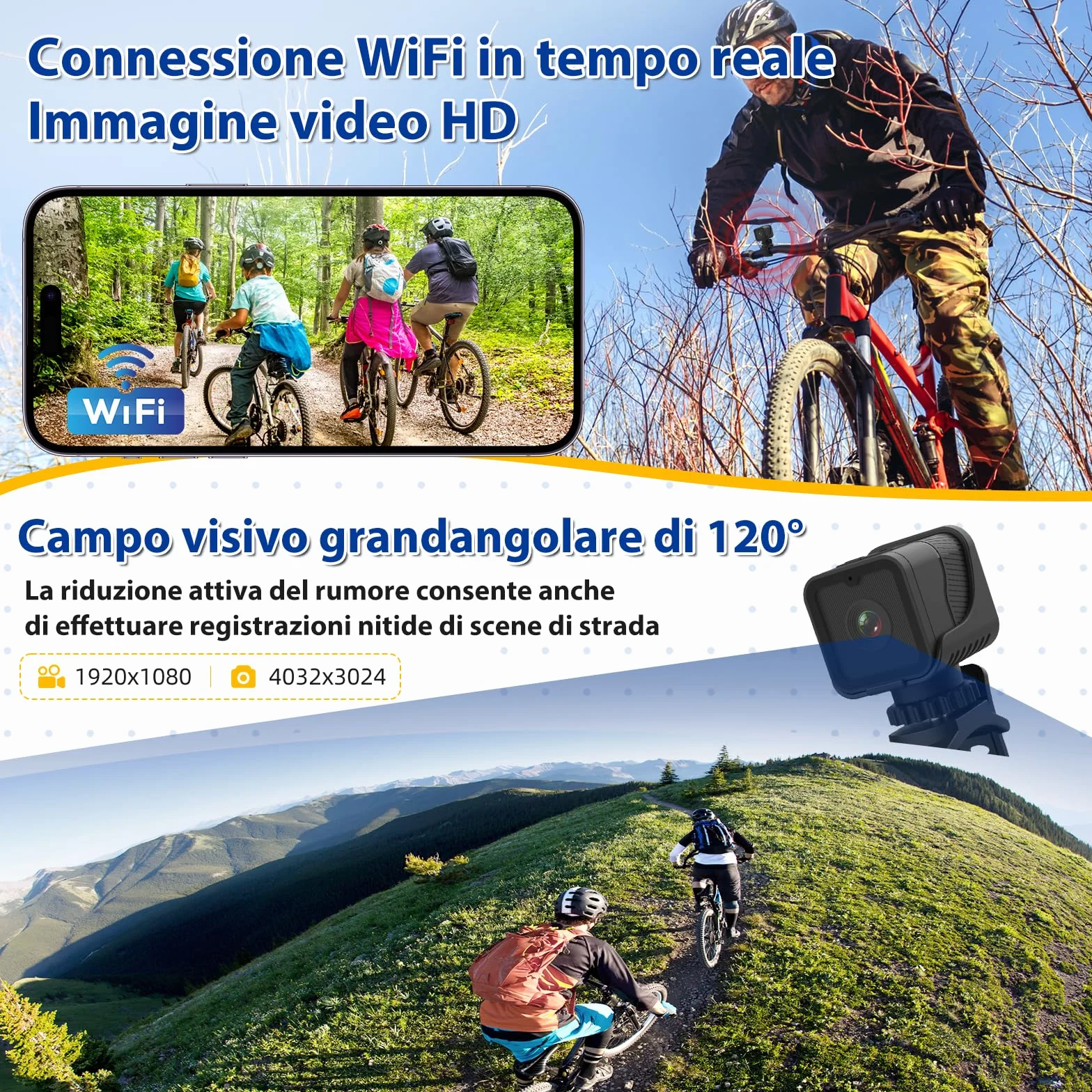 AIKER Dash Cam Moto Mini WiFi Action Cam IP66 1080PHD 120° Regolazione Automatica 64GB