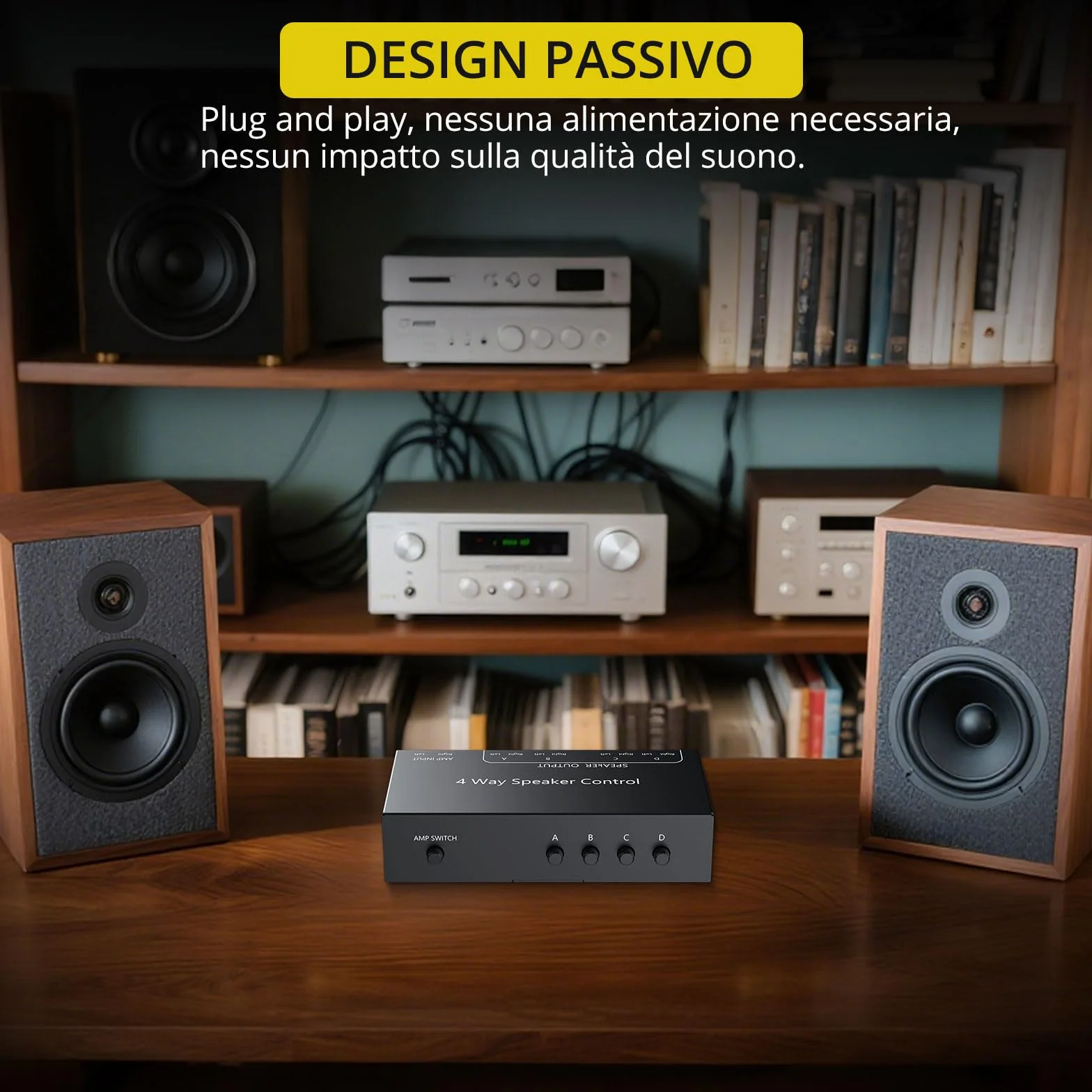 PROZOR Commutatore Altoparlanti 4 Zone Switch Passivo 1 Ingresso 4 Uscite 150W/Canale Selettore Passivo Altoparlanti 4 Zone Controllo Indipendente Zone A/B/C/D con Interruttore Master