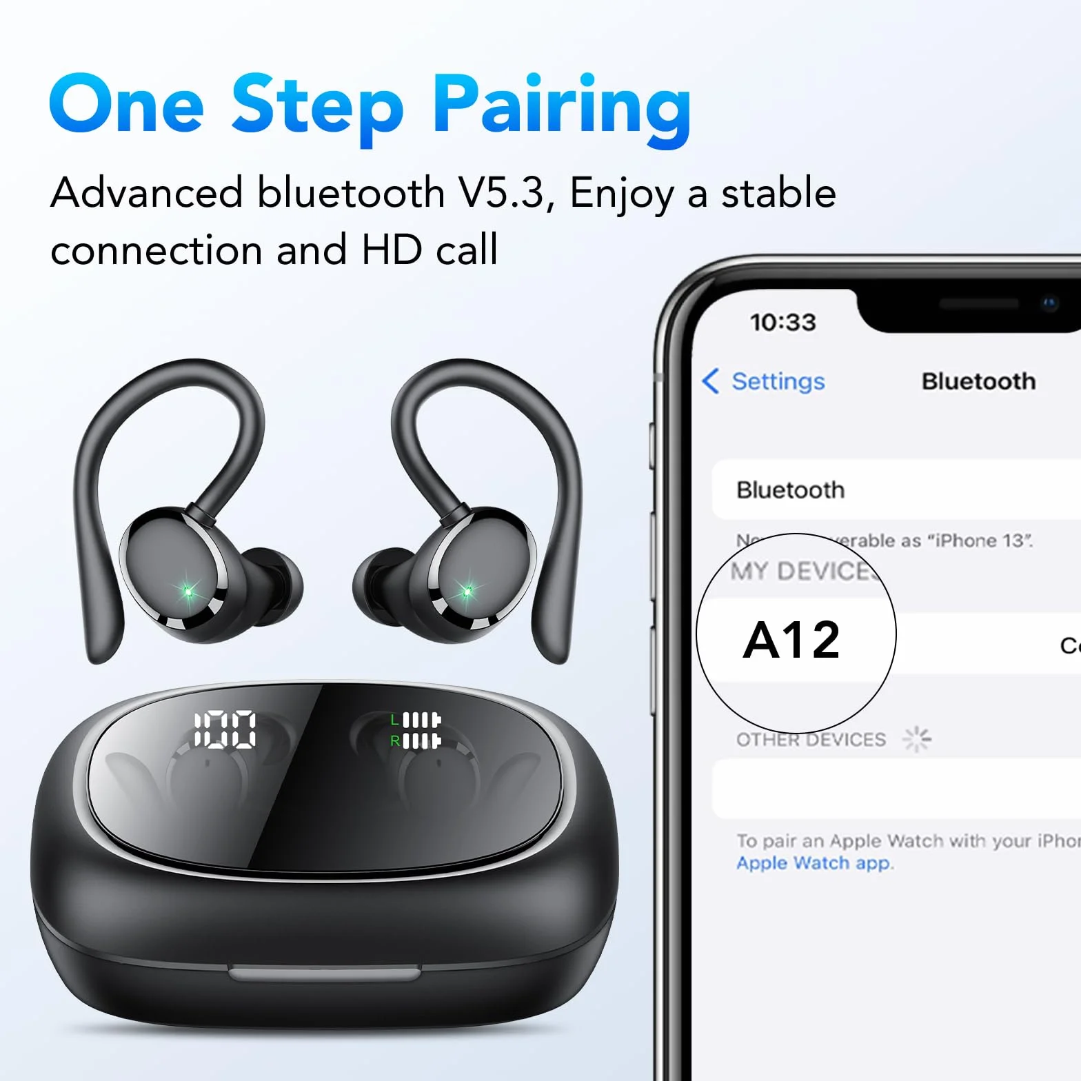 IKG Cuffie Bluetooth Sport, Auricolari Bluetooth 5.3 Bassi Profondi,72 ore di Riproduzione Cuffie Wireless Cancellazione Rumore con 4 mic,Auricolari Sportivi con Display a LED, IPX7