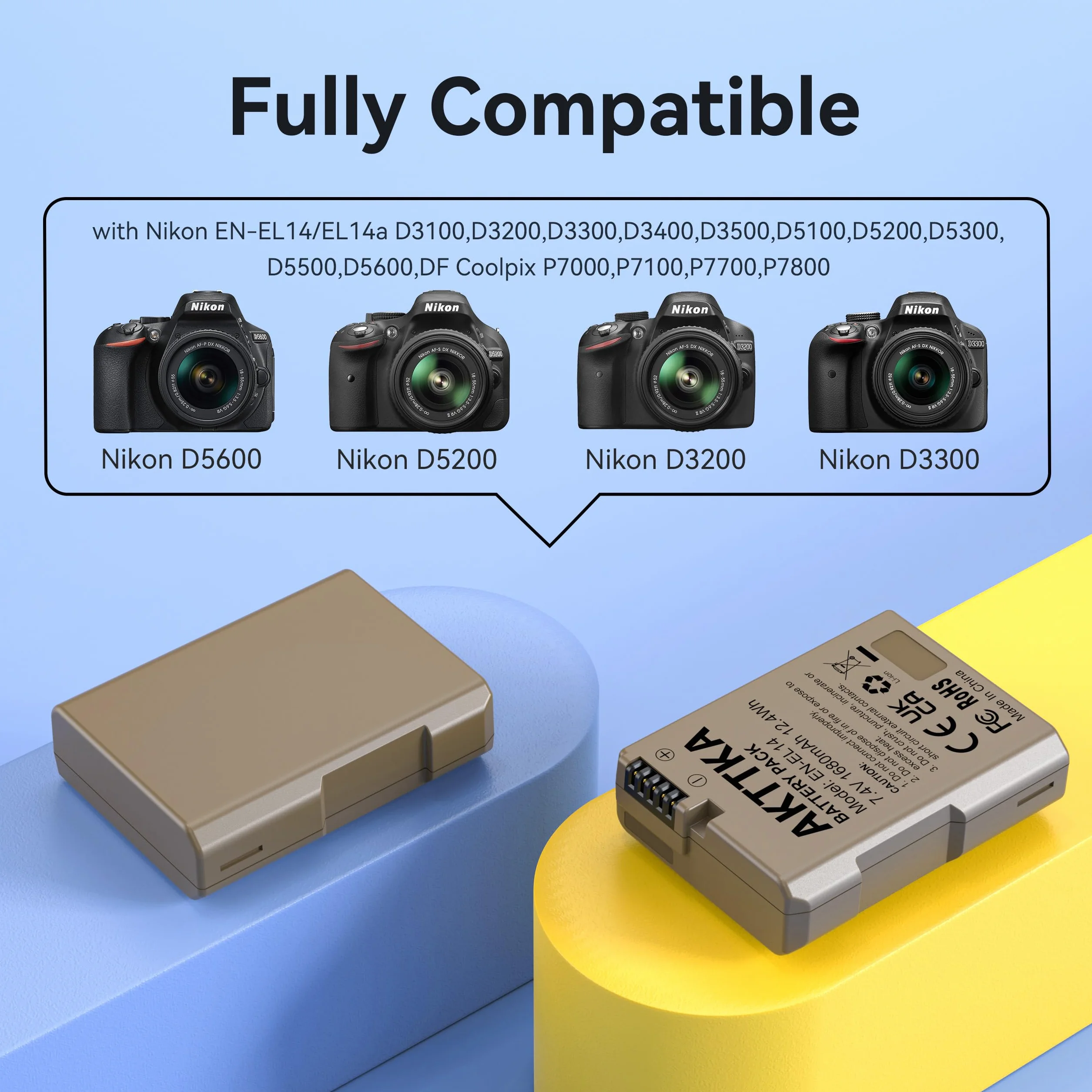 Batteria EN-EL14 per Fotocamera Nikon | Confezione 2X 1680mAh 7.4V con Caricatore Pieghevole 20W + Cavo USB-C | Compatibile con D3100/D3200/D5100