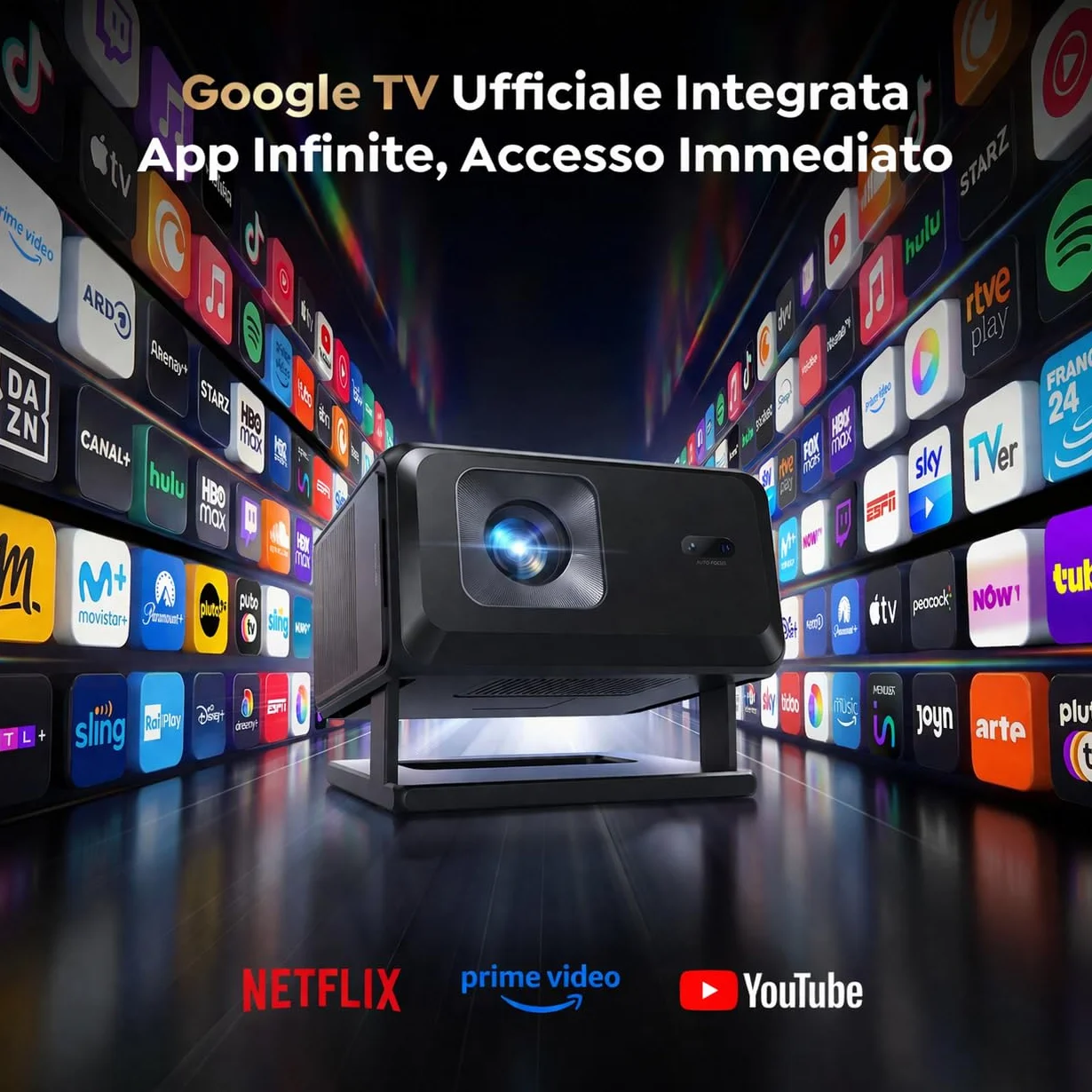 Proiettore 4K Google TV Netflix Auto Focus 6D Keystone Corta Focale WiFi Bluetooth Home Cinema