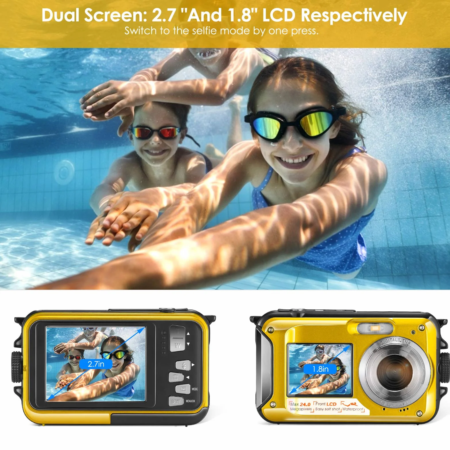 Aomdom Macchina Fotografica Subacquea, Full HD 2.7K 24MP Fotocamera Subacquea Digitale Zoom Digitale 16X Macchina Fotografica Subacquea Bambini Doppio Schermo giallo