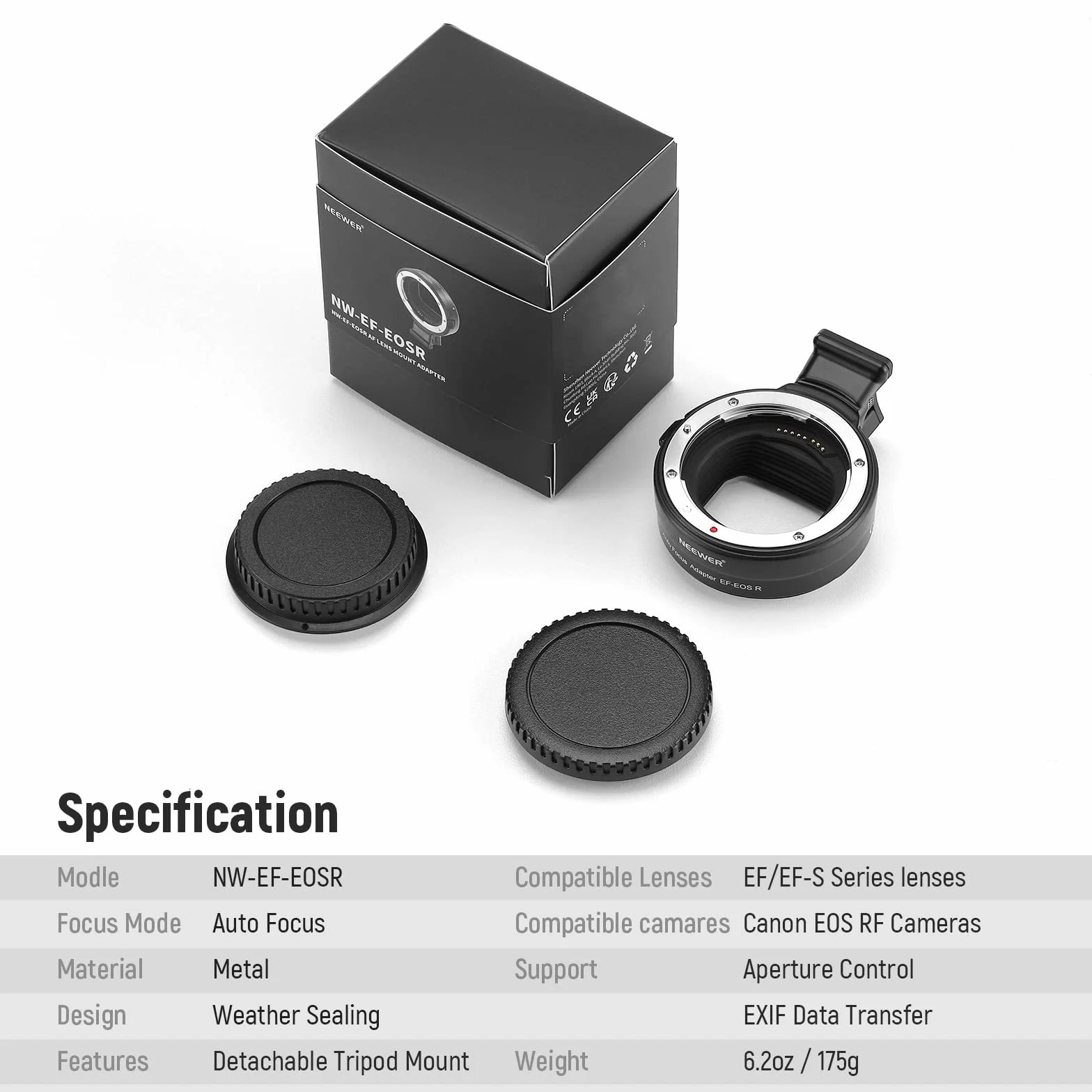 NEEWER Adattatore da EFa EOS R,Anello Convertitore Obiettivo EF/EF-S a Fotocamera con Attacco RF,Autofocus,Compatibile con Canon EOS R Ra RP R6 Mark II R6 R5 R3 R7 R10 R8 R50,Max:4,4lb/2kg,NW-EF-EOSR
