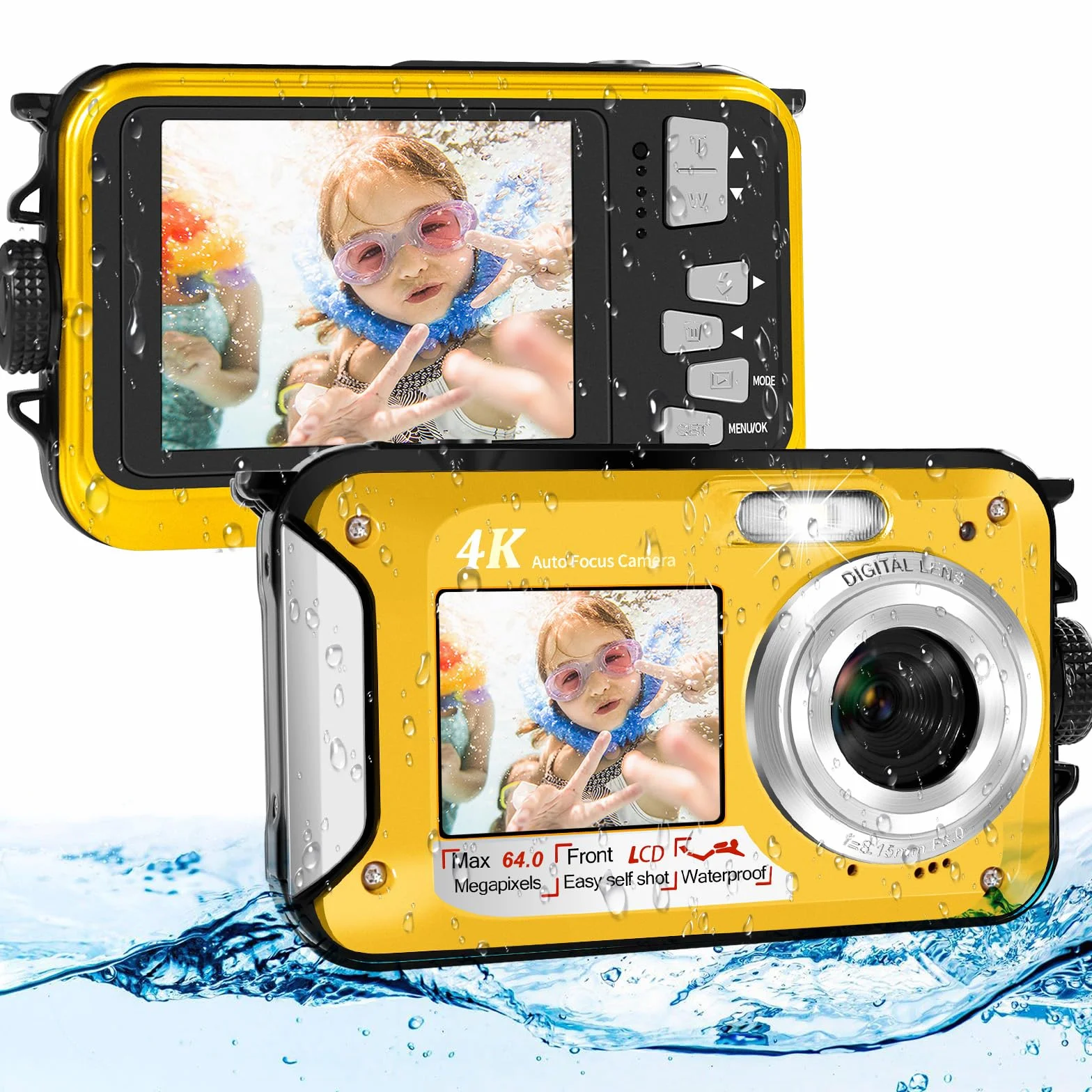 64MP Macchina Fotografica Subacquea Con Scheda Di Memoria Da 64 GB, 4K Fotocamera Subacquea Con Autofocus E Doppio Schermo Selfie HD, 5 Metri Fotocamera Subacquea Digitale (2 Batterie)