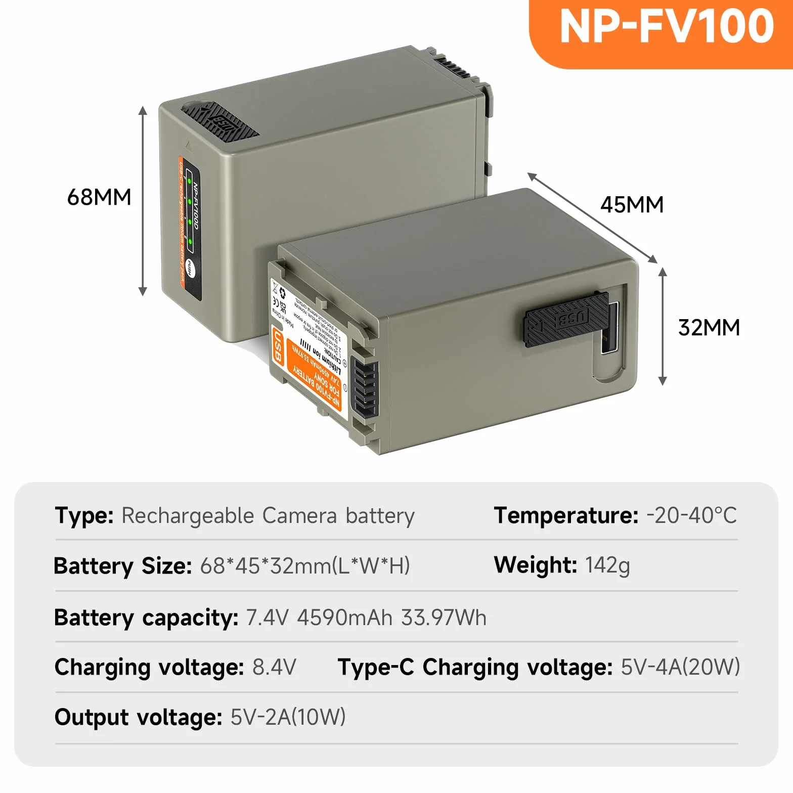 NP-FV100 USB-C batteria 4590mAh 2 pezzi per Sony NP-FH100 FH90 FH70 FH60 HDR-CX455 CX675 CX290 CX330 CX380 CX430V CX580V CX760V CX900 PJ540 PJ580V PJ670 PJ710V PJ 7 60V PV790V PJ810