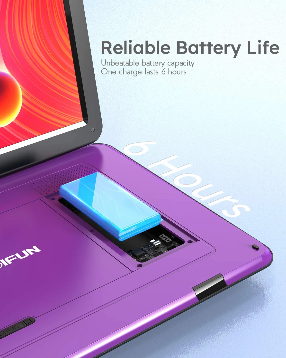 BOIFUN 17.5" Portable DVD Player with 15.6" Large HD Swivel Screen, 6 Hours Rechargeable Battery, Support USB/SD Card/Sync TV and Multiple Disc Formats DVD Player, High Volume Speaker, Purple