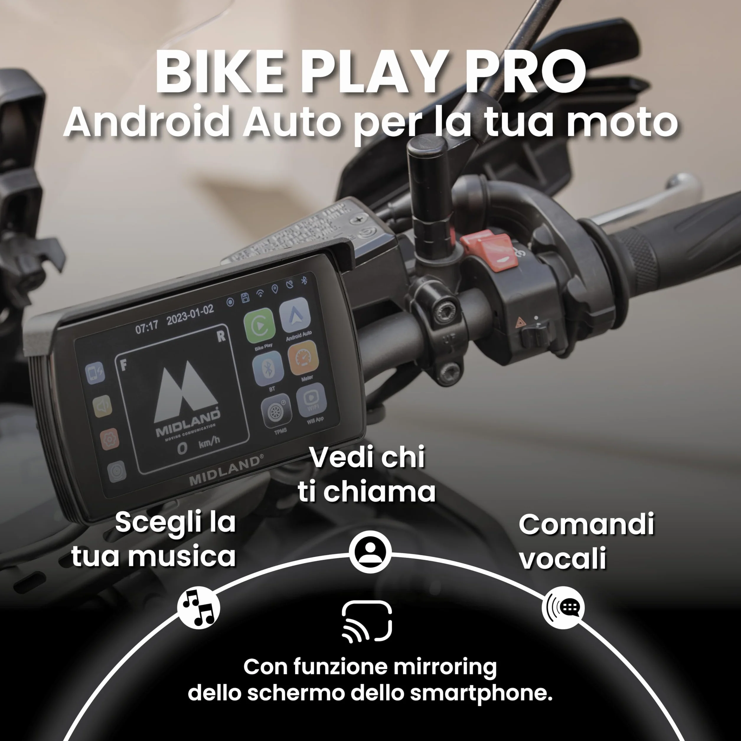 Midland - Bike Play Pro, Accessori Moto con Compatibilità Bluetooth Android Auto - Navigatore Moto con Mirroring, Touchscreen 5.5" Anche con Guanti e Comandi Vocali, Accessorio Retroilluminato