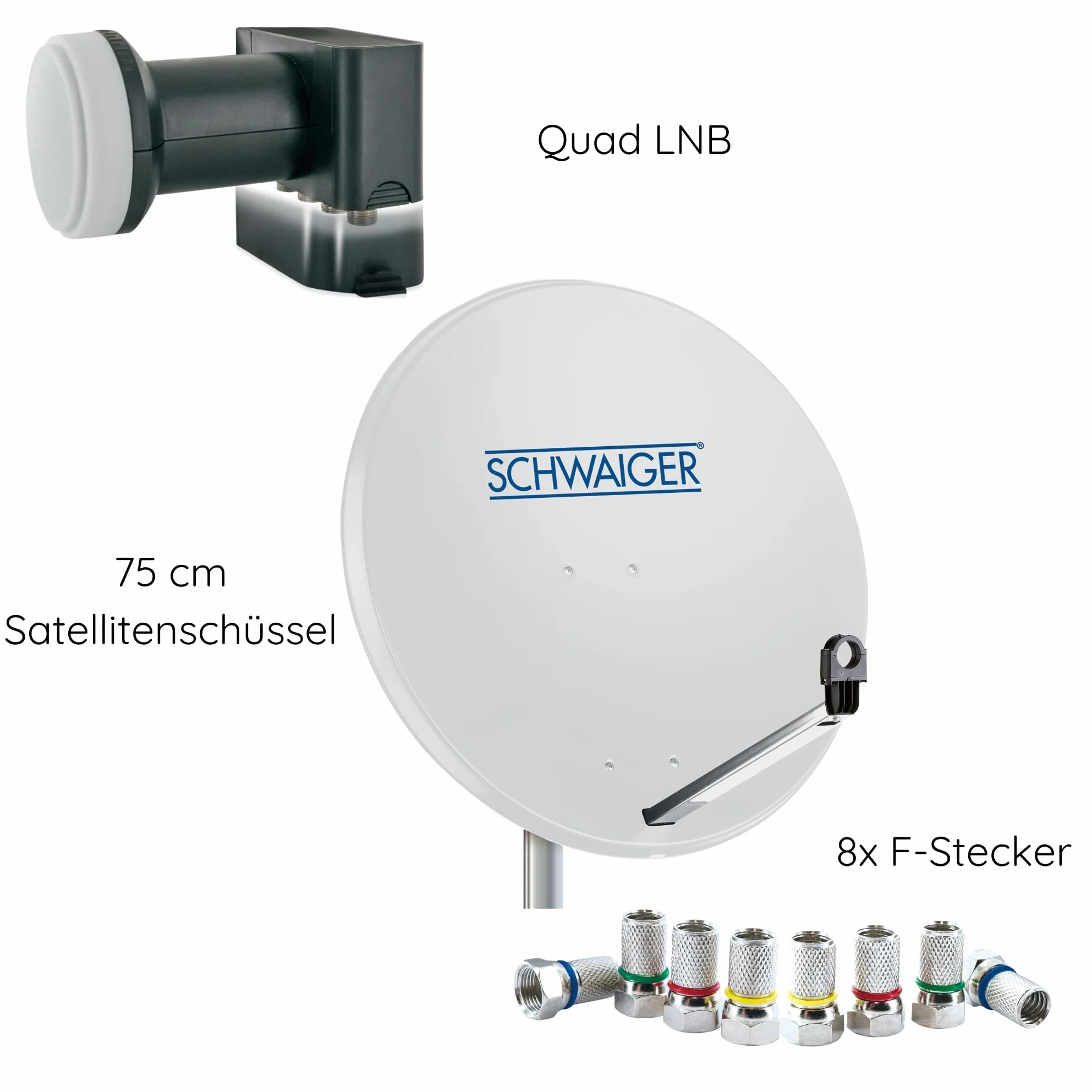 SCHWAIGER Sistema SAT Set satellitare Parabola satellitare Quad LNB digitale 8X connettore F 7mm acciaio Antenna SAT completa Grigio chiaro 74,5 x 84,5 cm