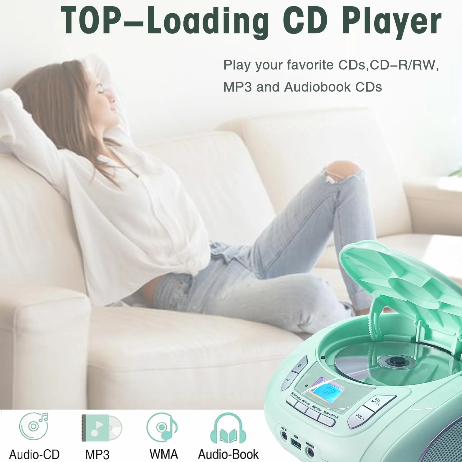 Lettore CD radio compatto con Bluetooth, radio FM, USB, AUX, jack per cuffie, CD-MP3, portatile Boombox (verde)