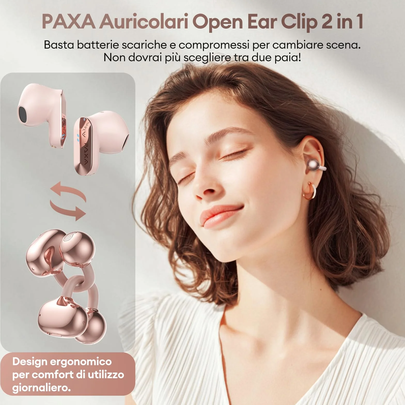 PAXA 2-in-1 Open Ear Cuffie Bluetooth, Clip Open-Ear Cuffie Wireless Sport Bluetooth 6.0 0 Ritardo, 140H Autonomia, Riconoscimento L/R, Riduzione Rumore per Lavoro/Sport/Quotidiano, Ctbuds Rosa Oro