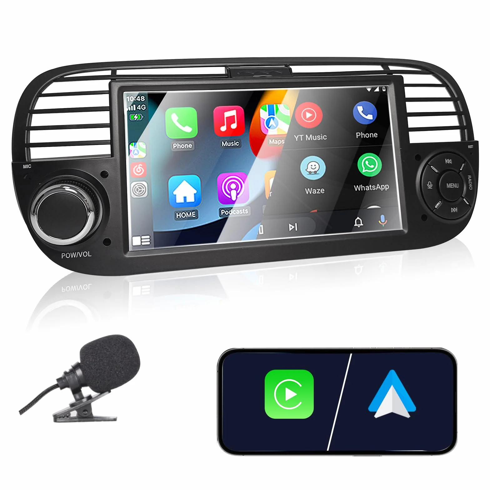 Autoradio per Fiat 500 2007-2015 compatibile con Carplay/Android Auto, Autoradio Fiat 500 da 7 pollici con touchscreen/Bluetooth/FM/AM/USB/DPS/RDS/Mirror Link-Nero