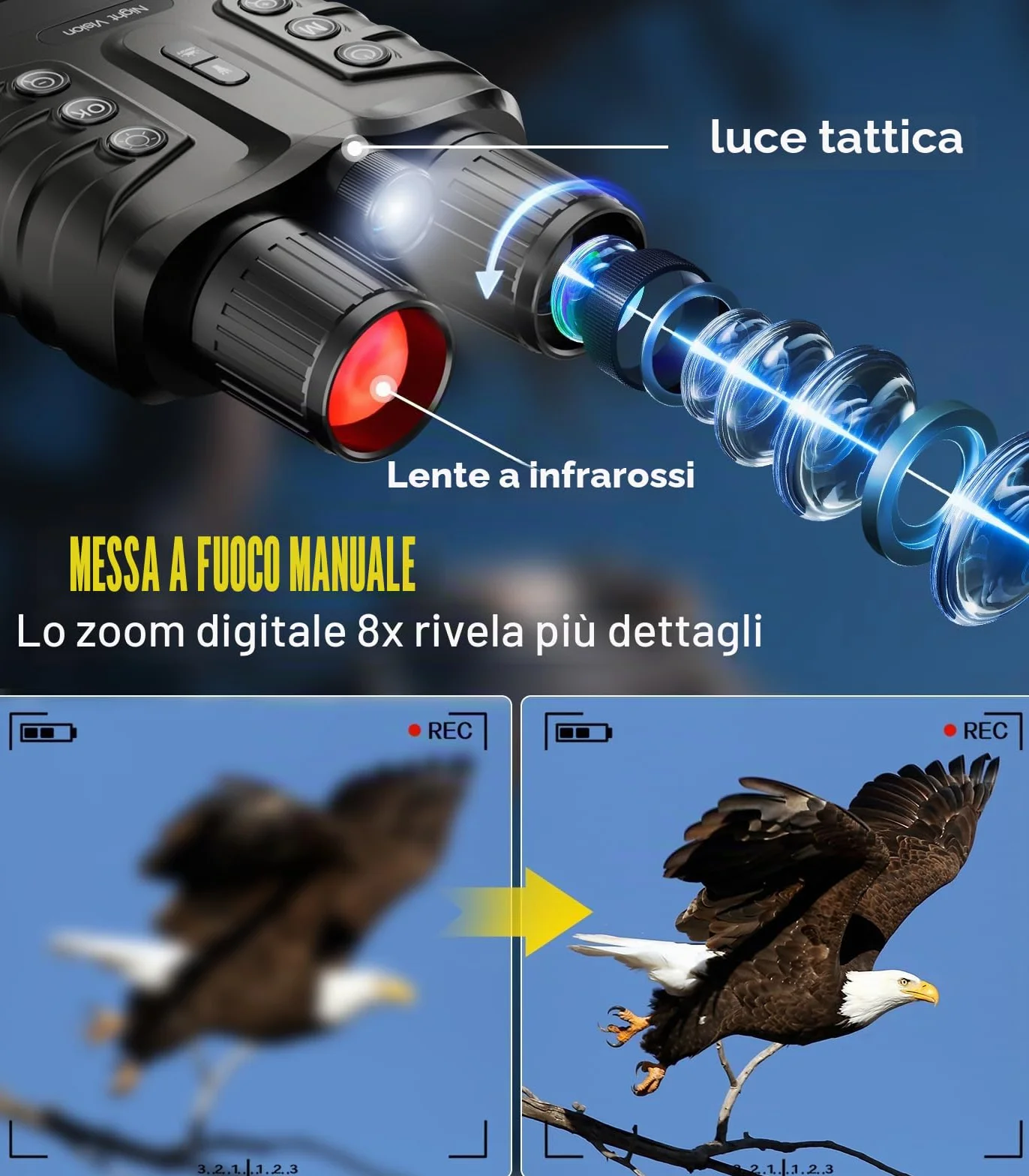 Dispositivo di visione notturna 4 K, 48 MP, 10000 mAh, ricaricabile, f/1,4, grande apertura a infrarossi, visione notturna, visione 500 m/1640 FT,8 X zoom digitale con scheda TF da 32 GB