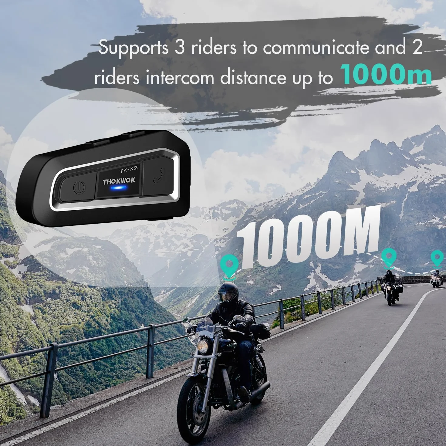 Interfono Moto Bluetooth Coppia, 2x TK-X2 Auricolari per Casco Moto 3 Motociclisti, Cuffie per motociclo 1000M Sistema di Comunicazione con Suono Stereo Hi-Fi/Radio FM, per Motoslitta/ATV