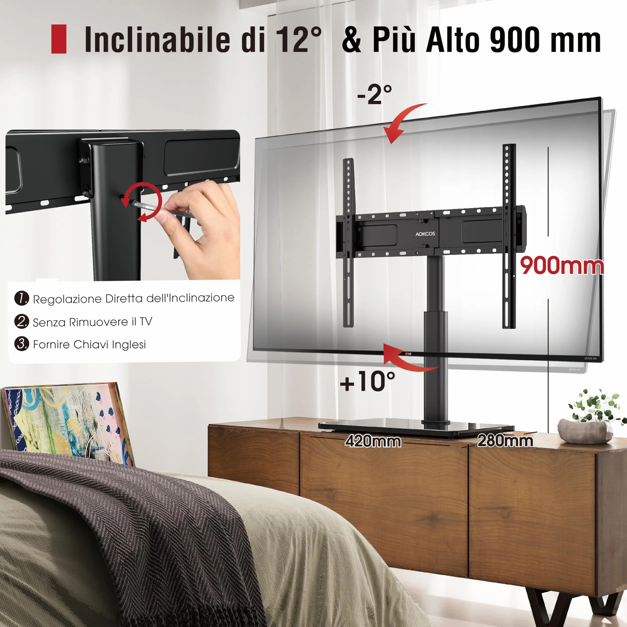 AOKCOS Supporto TV da Tavolo Inclinabile per 32-55 65 70 75 Pollici, Girevole Altezza Regolabile Piedistallo TV con Base, Mobile Porta TV Max VESA 600x400mm 45KG