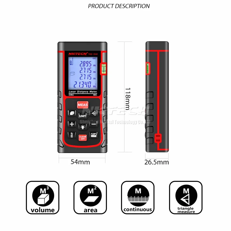 Laser Distance Meter Telemetro Laser 40 m 60 80 100 120 150 m Range Finder Strumenti m/in/ft Lunghezza nastro Area Volume Angolo di Misura 100 Data Air Bubble Level (NK-E60 120 ft)