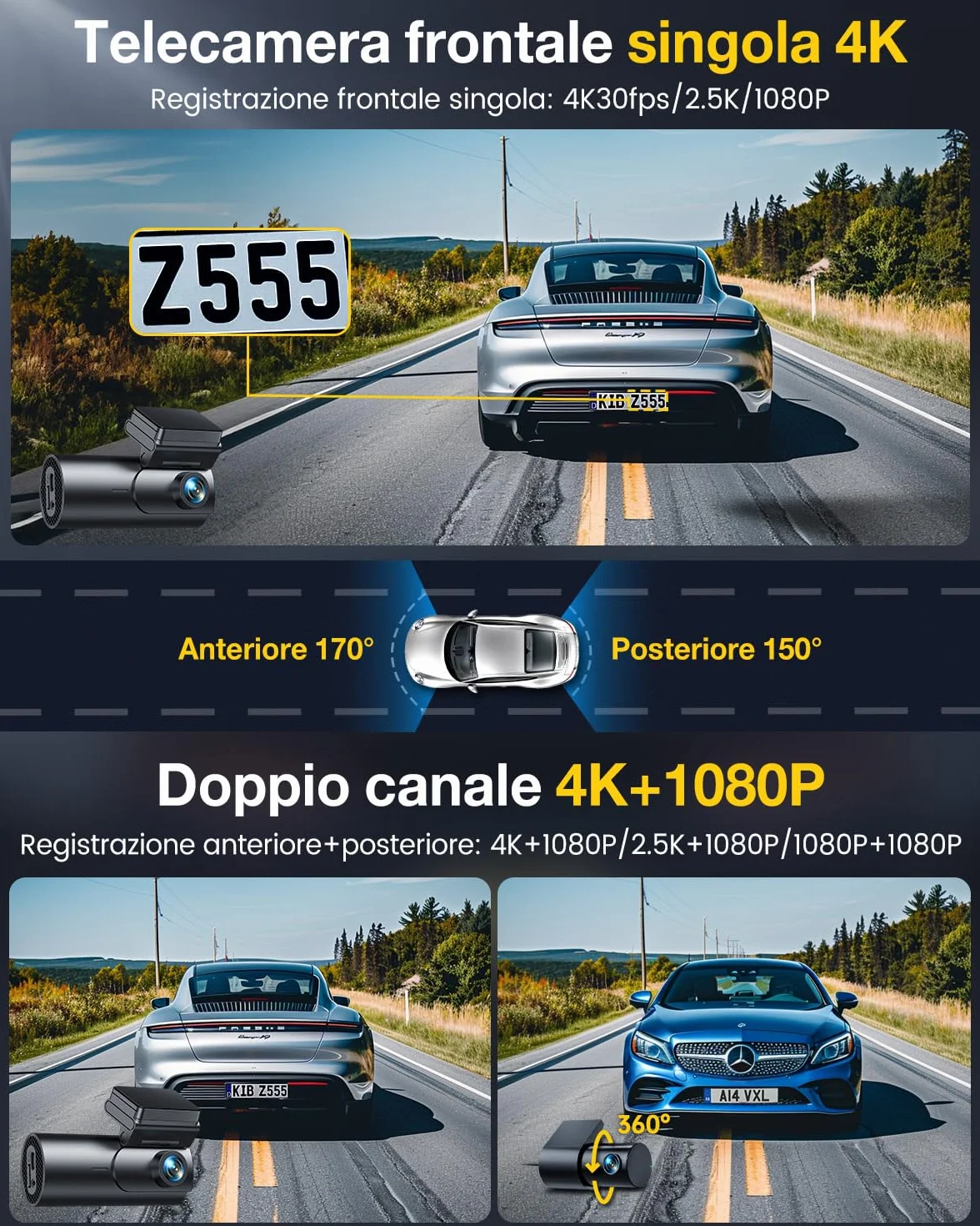 GKU 4K Dash Cam Auto, 5GHz WiFi GPS, Doppia Telecamera, Mini Dashcam IPS 1.5" con Scheda SD 64G, 24H Monitor Parcheggio, Visione Notturna, WDR, Grandangolo 170°, Sensore G, Controllo App