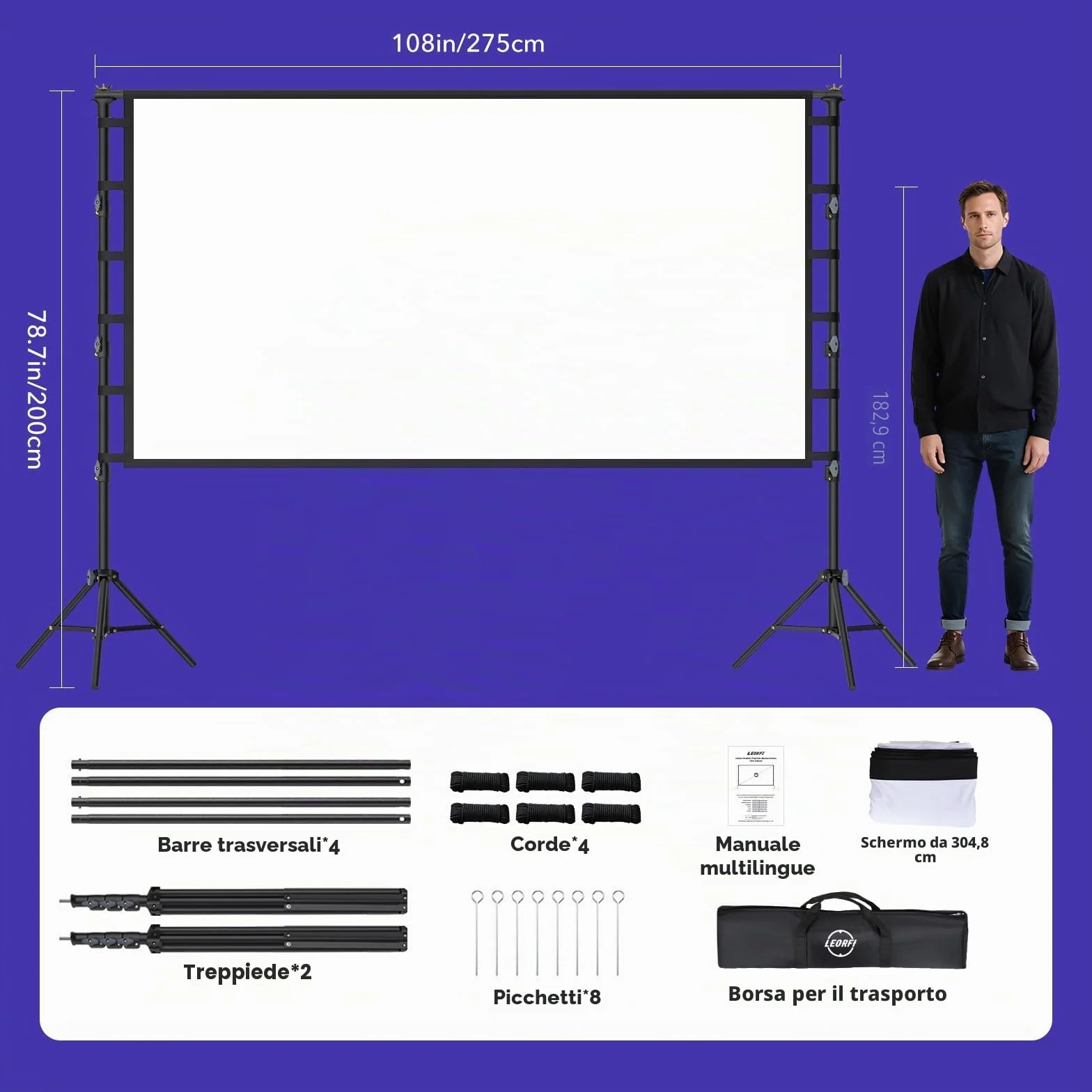 Schermo Proiettore 120 Pollic con Treppiede, LEORFI Telo Proiettore Portatile 16:9 4K Full HD, Schermo di Proiezione Pieghevole, con Borsa per il Trasporto, Adatto per Interni Ed esterni, Home Cinema