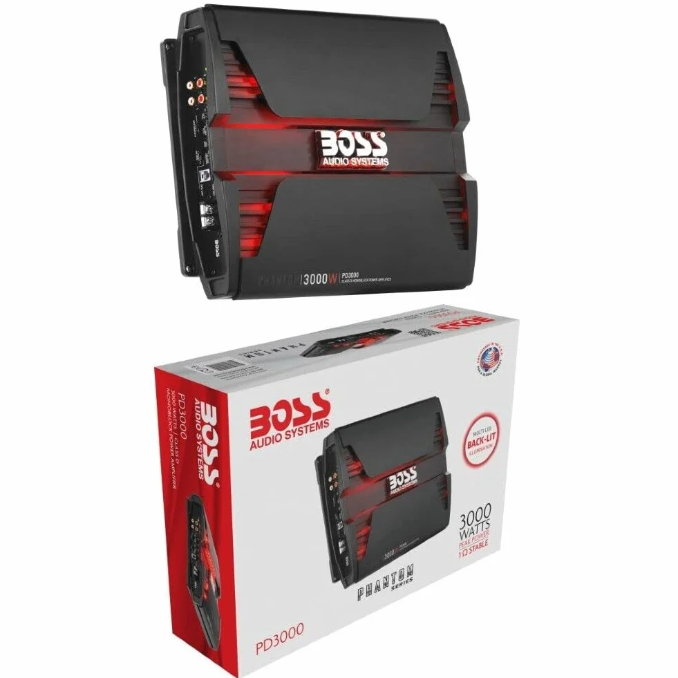KIT SET PER BOSS AUDIO SYSTEMS PHANTOM PD3000, 1 amplificatore 1 canale, da 3000 watt max, specifico per subwoofer, classe d, con controllo remoto incluso e filtro subsonico, 1 pezzo