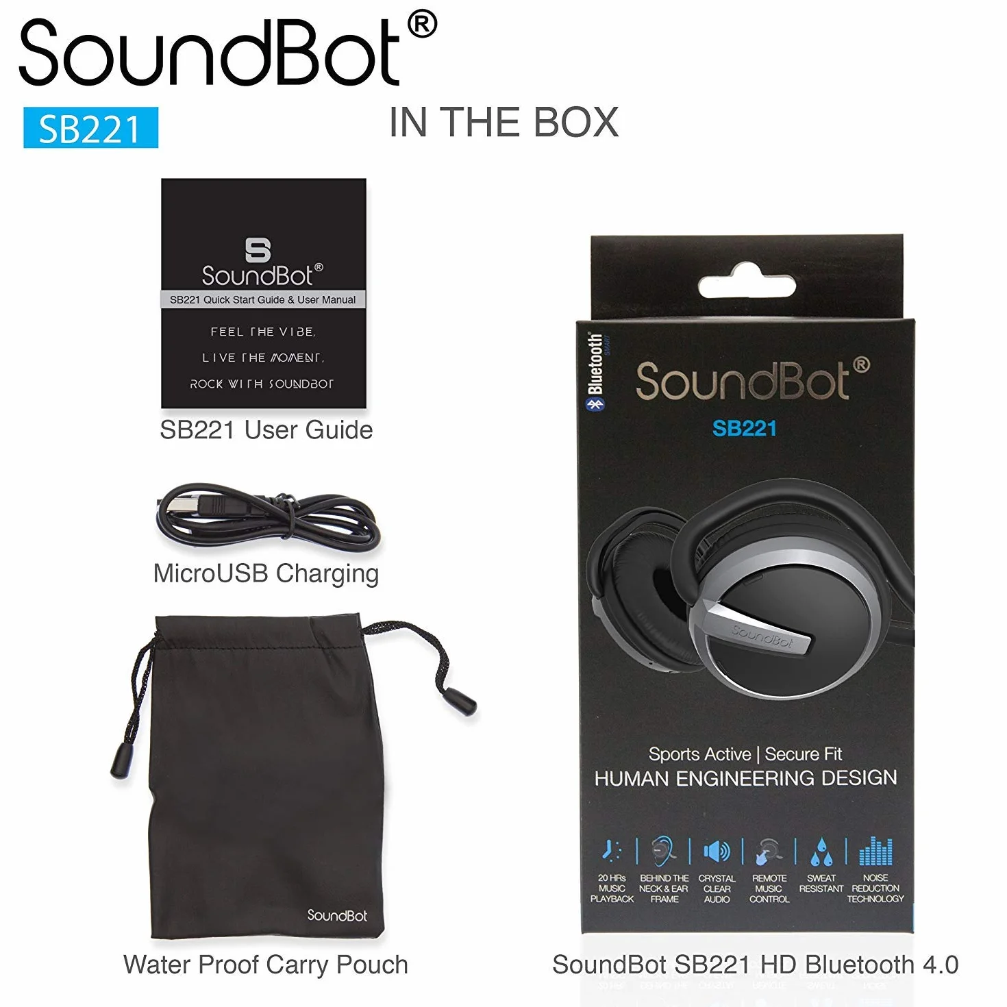 SoundBot® Auricolare HD wireless Bluetooth 4.0 Cuffie sportive attive per 20 ore di streaming musicale e 25 ore di chiamate in vivavoce con design ergonomico Secure-Fit resistente al sudore e supporto