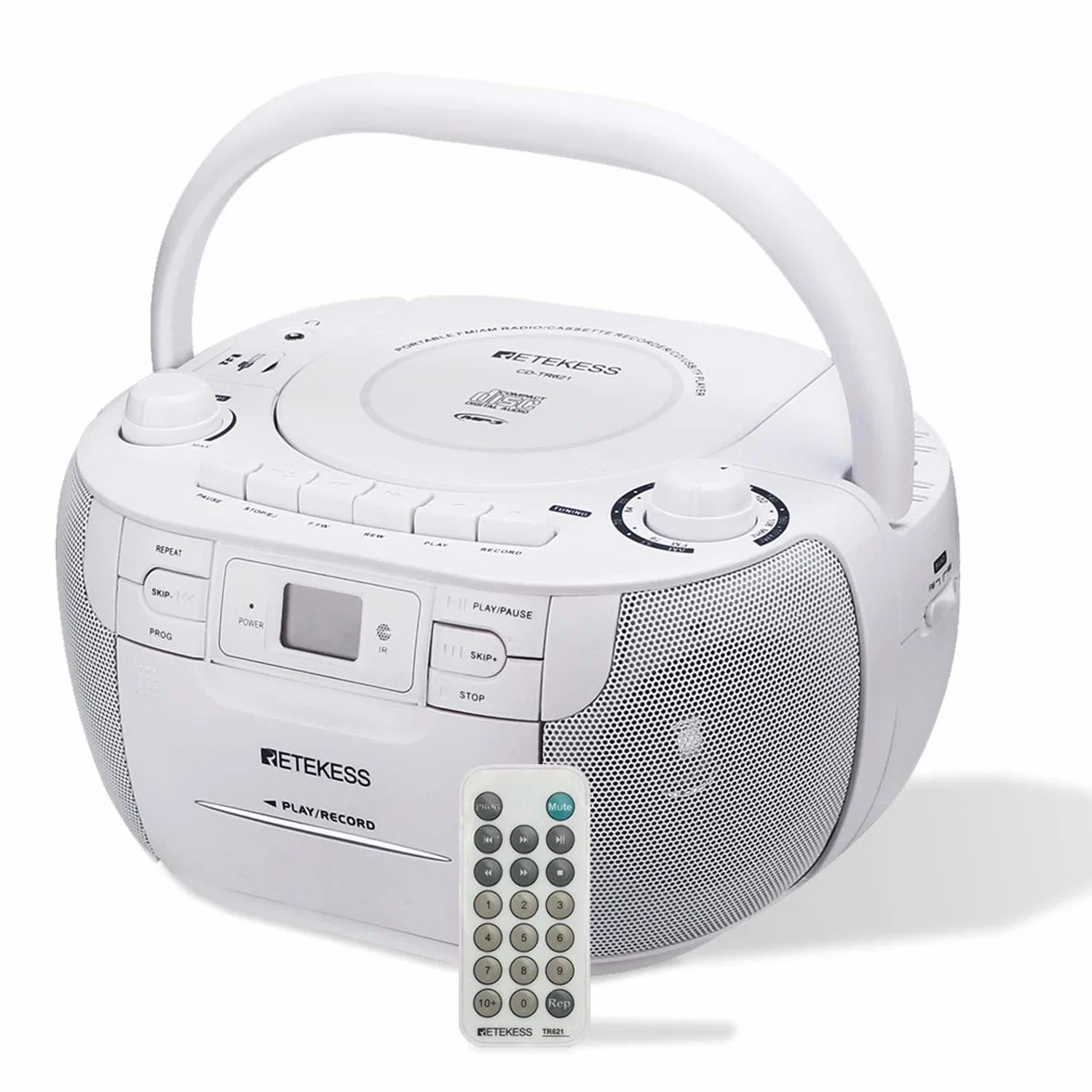 Retekess TR621 Lettore CD Boombox Portatile, Radio con Lettore CD, AM FM Radio, Supporto USB TF, con Telecomando, AC o Alimentato a Batteria, Accompagna la Famiglia e Gli Amici, Regalo(Bianco)