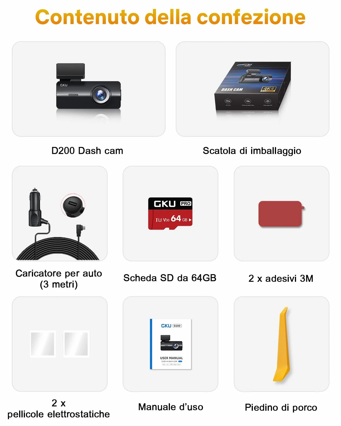GKU Dash Cam Auto 4K,Dash Cam con UHD 2160P,DashCam Auto con WiFi integrato,Scheda SD 64G,24H Parking Monitor DashCam,Super Visione Notturna,170°Grandangolo,WDR,G-Sensor,Registrazione in Loop,Max 256G