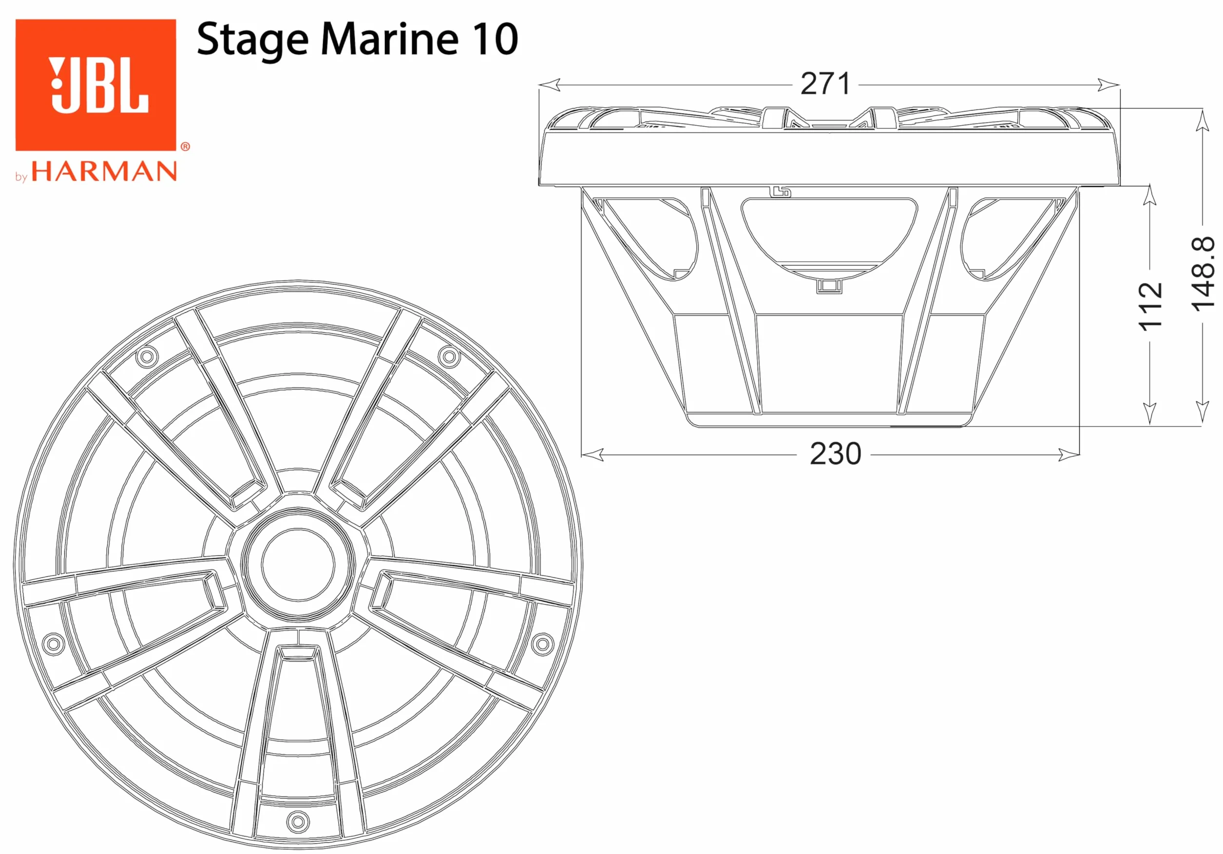JBL Stage Marine 10 Subwoofer 250mm con 200W RMS e 600W Peak 88dB sensibilità 30Hz–250Hz 4 ohm design marino resistente ideale per imbarcazioni offrendo bassi profondi e prestazioni affidabili