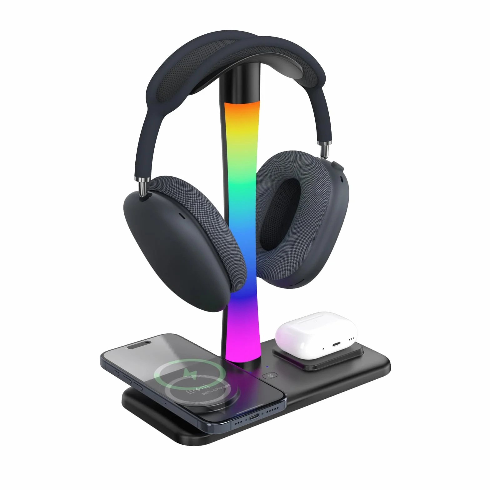 Supporto Per Cuffie con Caricabatterie Wireless,Suppor to Per Cuffie Da Gioco con Luce RGB,Supporto Per Airpod Max Compatibile con Airpod Pro/3/2,iPhone 16/15/14/13/12/11,Regali per Uomini Do (Nero)