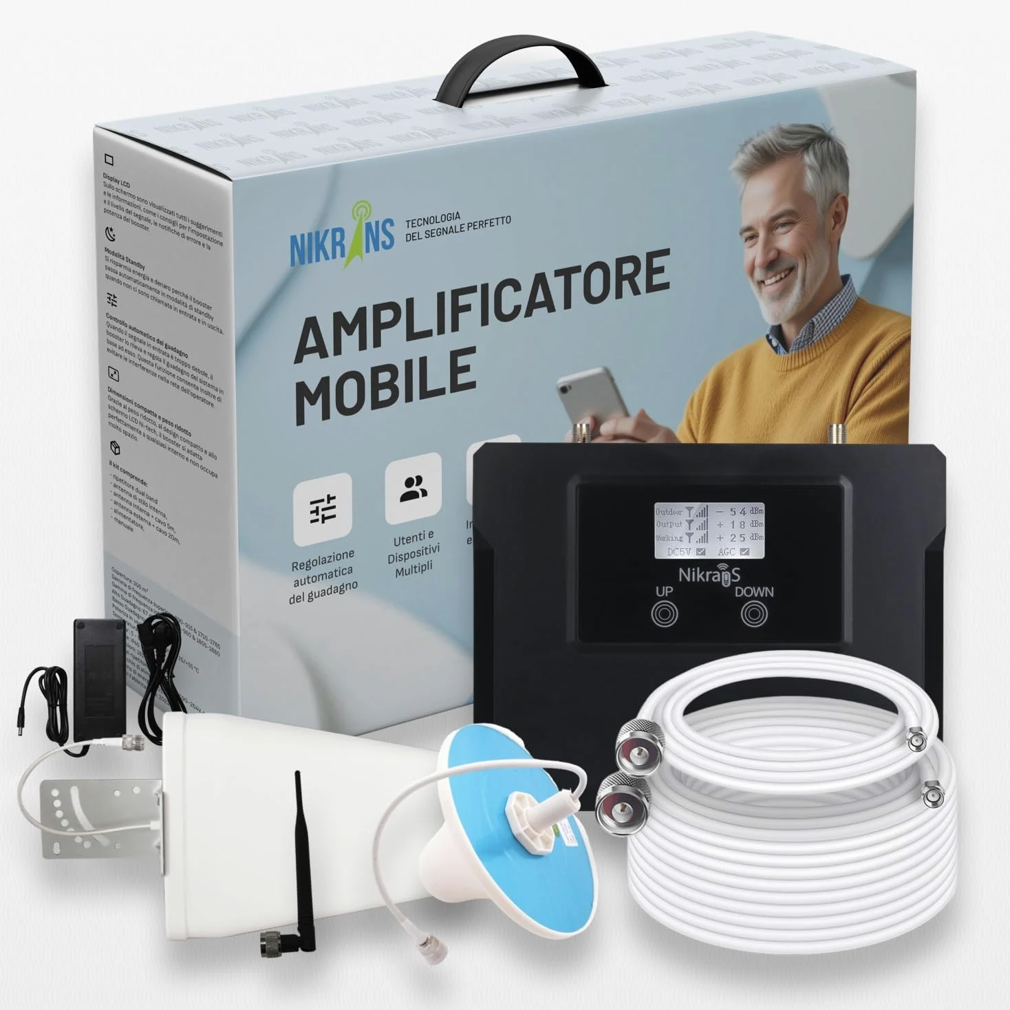 Ripetitore Segnale Cellulare 4G LTE GSM 2G 3G - Banda 3/8 (900/1800Mhz) - Supporta TIM Vodafone Wind Tre - Doppia Banda Amplificatore Cellulare - Certificato CE RoHS