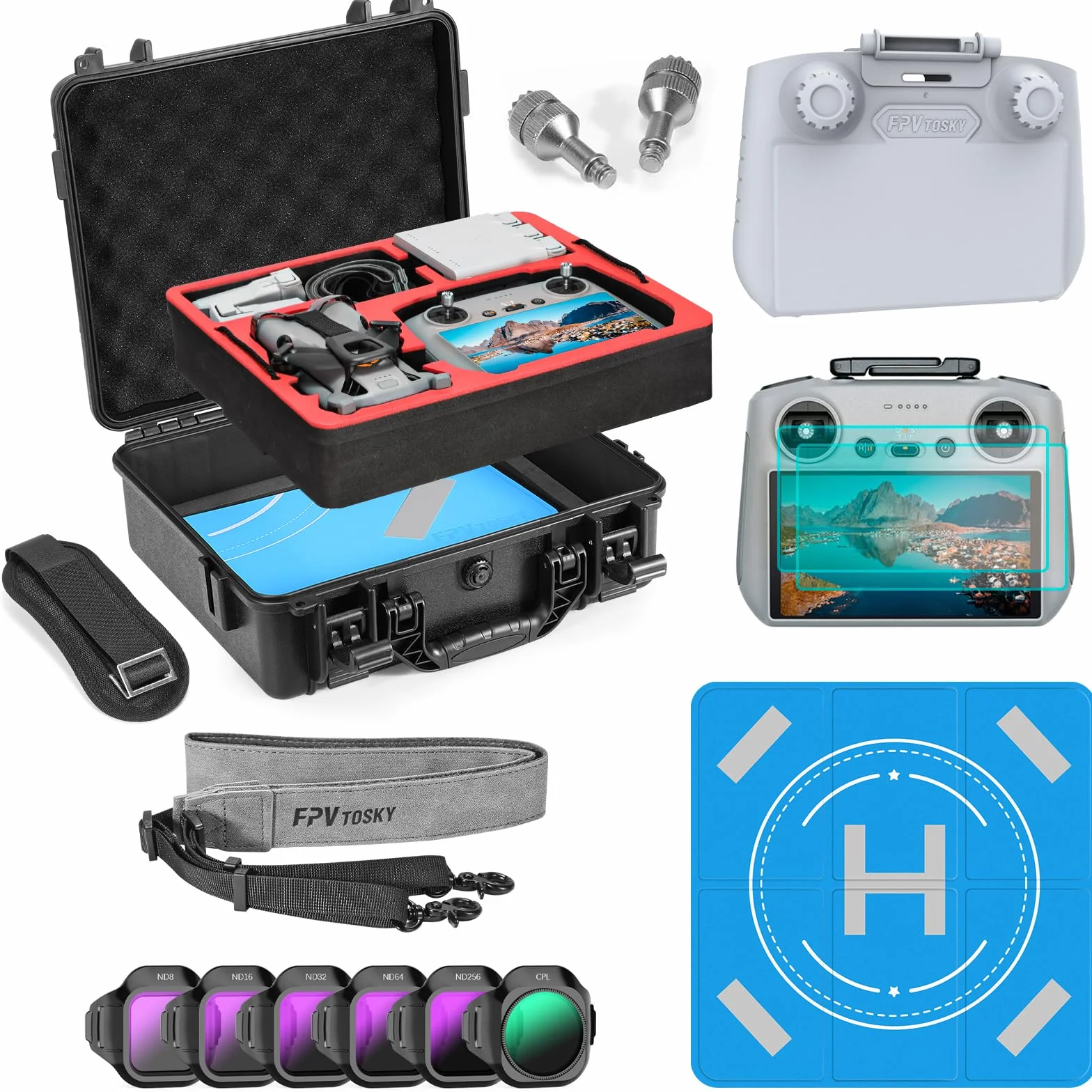 FPVtosky Set di custodia rigida per DJI Mini 5 Pro, kit di accessori per droni include custodia a doppio strato, parasole RC2, cordino, protezione schermo in vetro temperato RC2, tappetino di