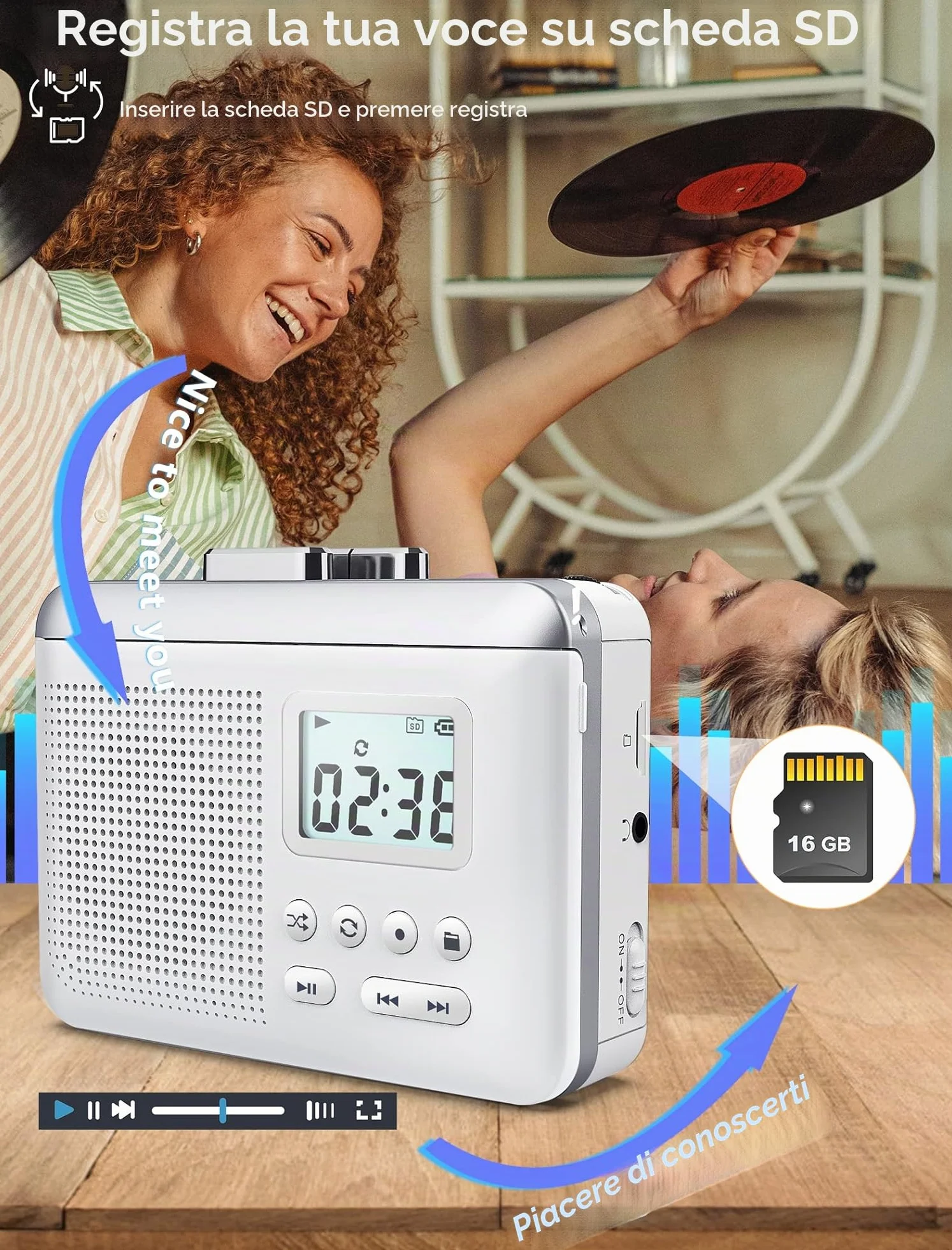 Gracioso Convertitore registratore portatile per cassette a MP3 con scheda SD, batteria ricaricabile 1000mAh, microfono e altoparlante integrati