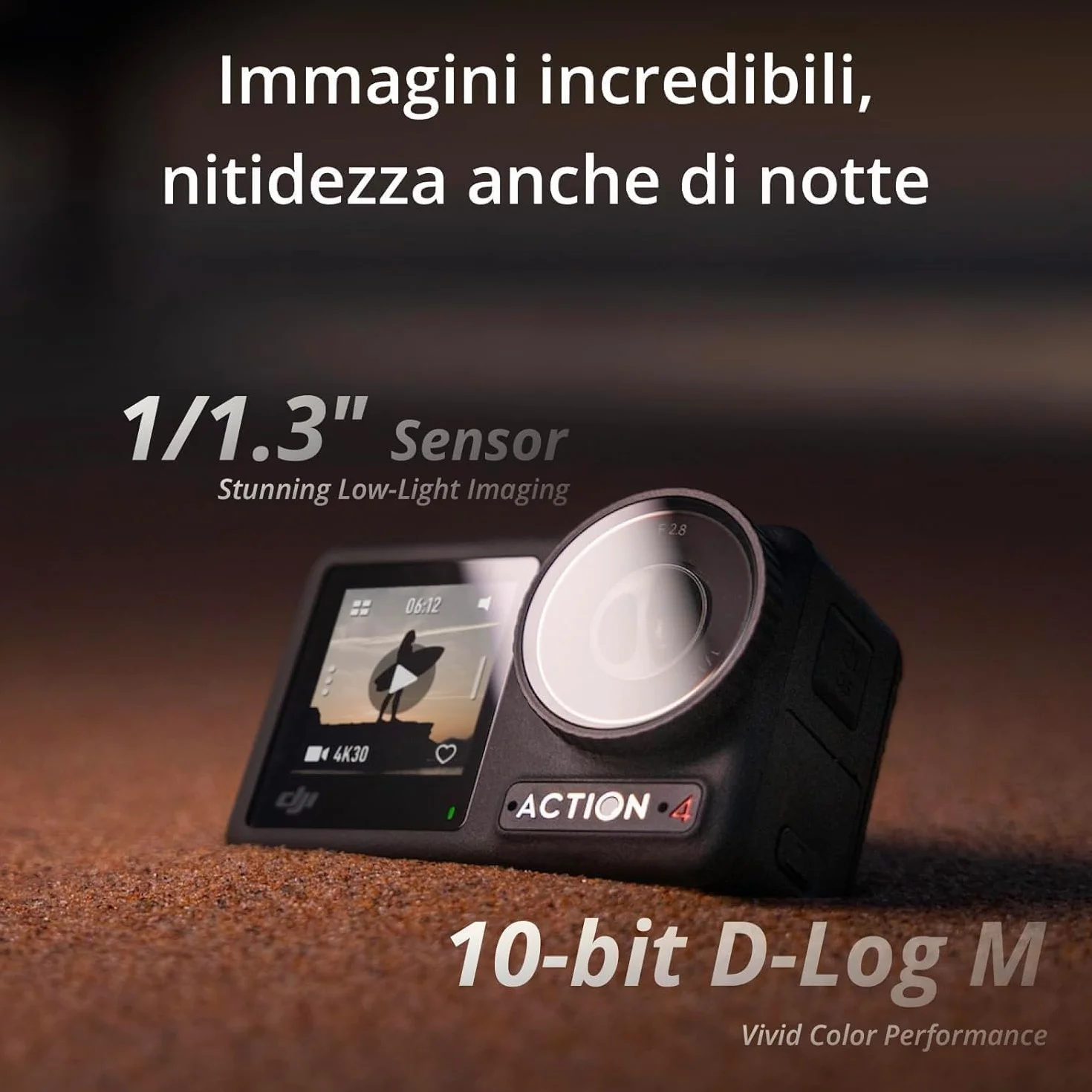 DJI Osmo Action 4 Combo Standard cam impermeabile 4K/120fps con sensore 1/1.3”, incredibili immagini con scarsa illuminazione, prestazioni cromatiche a 10 bit e D-Log M, batteria da 1770 mAh