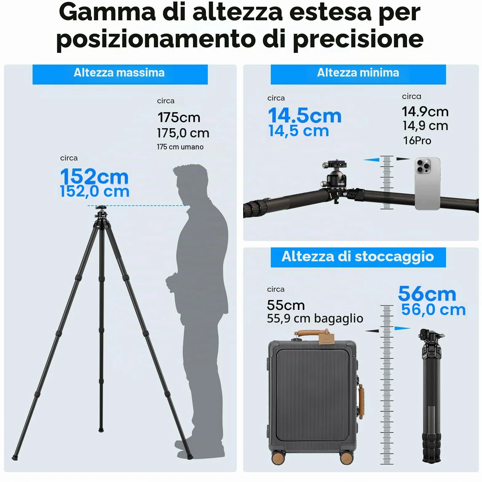 SIRUI Heavy-Duty Treppiede per Fotocamera in Fibra di Carbonio, 152CM Treppiede Professionale con 360° Testa a Sfera a Baricentro Basso, Leggero e Portatile, Carico Fino a 20KG, AM-324S+G1
