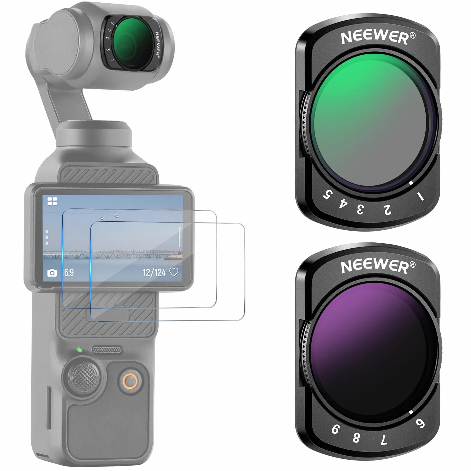 NEEWER Kit Filtro ND2-ND32 e ND64-ND512 Variabile Compatibile con DJI Osmo Pocket 3 / Pocket 4 / Xtra Muse, con Stop Limitati, Filtri a Densità Neutra, con 2 Protezioni in Vetro Temperato