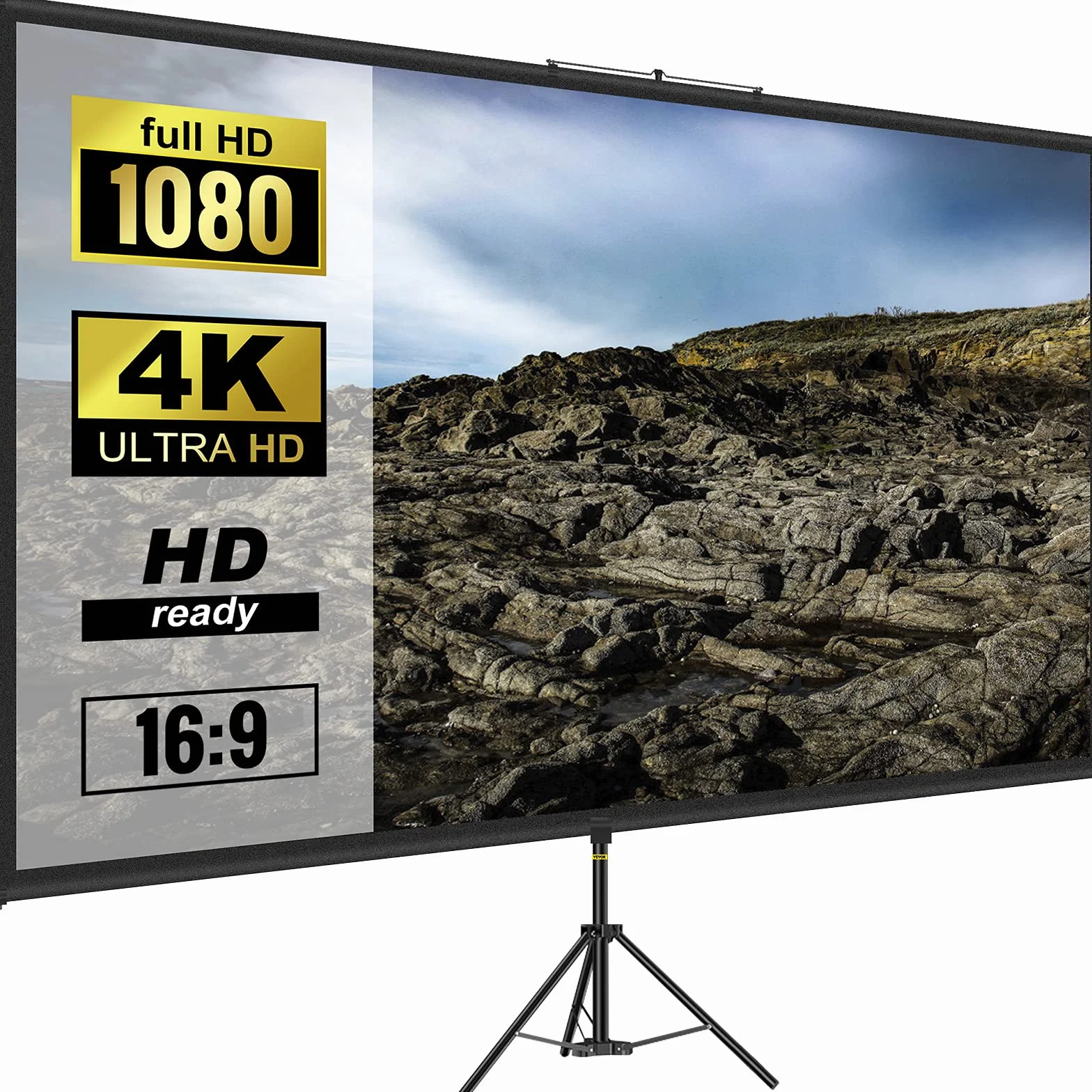 VEVOR Schermo Cinematografico per Esterni, 254cm, HD 16:9 Schermo del Proiettore Portatile con Supporto Treppiede in Alluminio, Grandangolo di 160 Gradi, per Casa, Cattedrale, Bianco